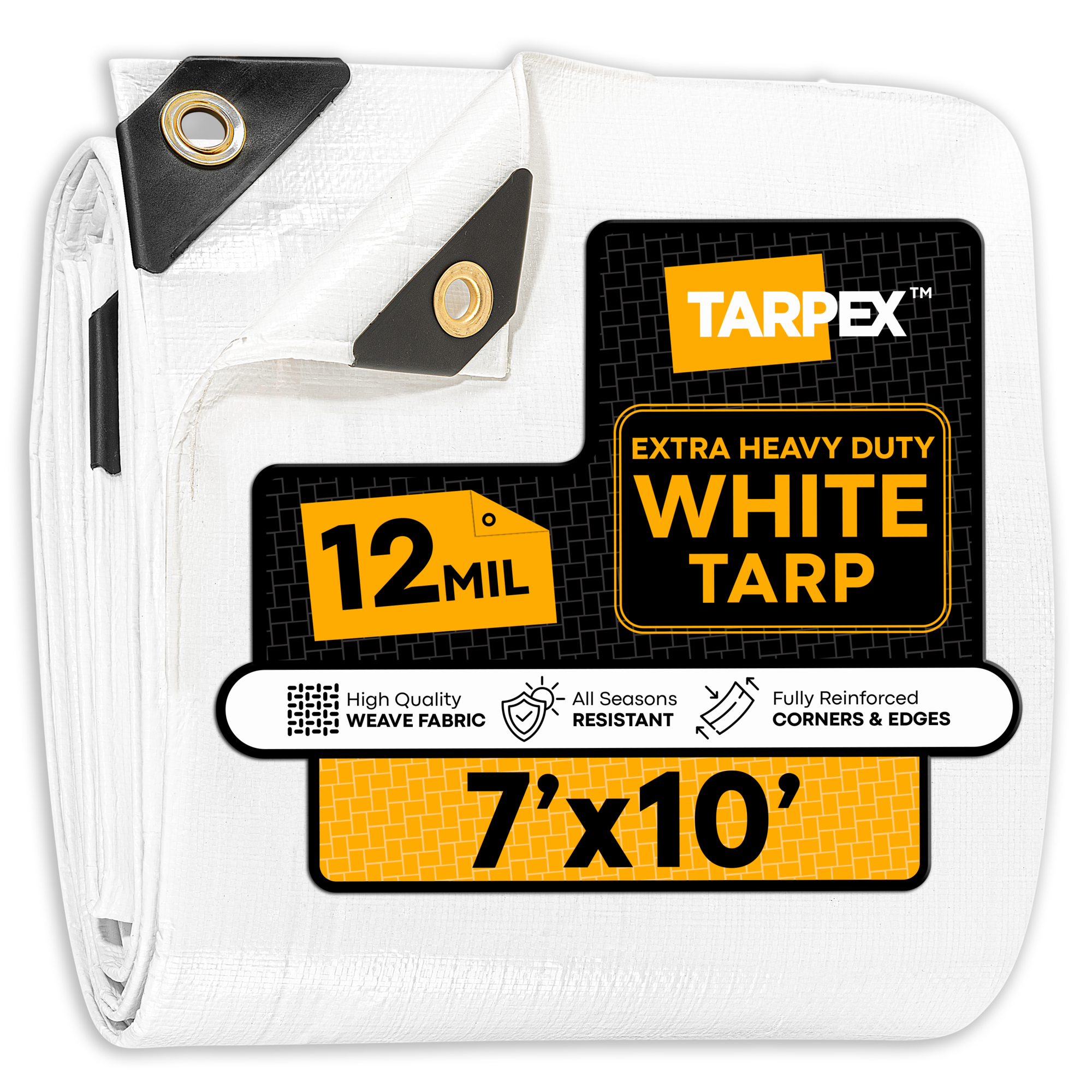 TARPEX 7' x 10' White Extra Heavy-Duty Weatherproof Tarp – 12 Mil Poly with Reinforced Edges for All-Purpose Protection