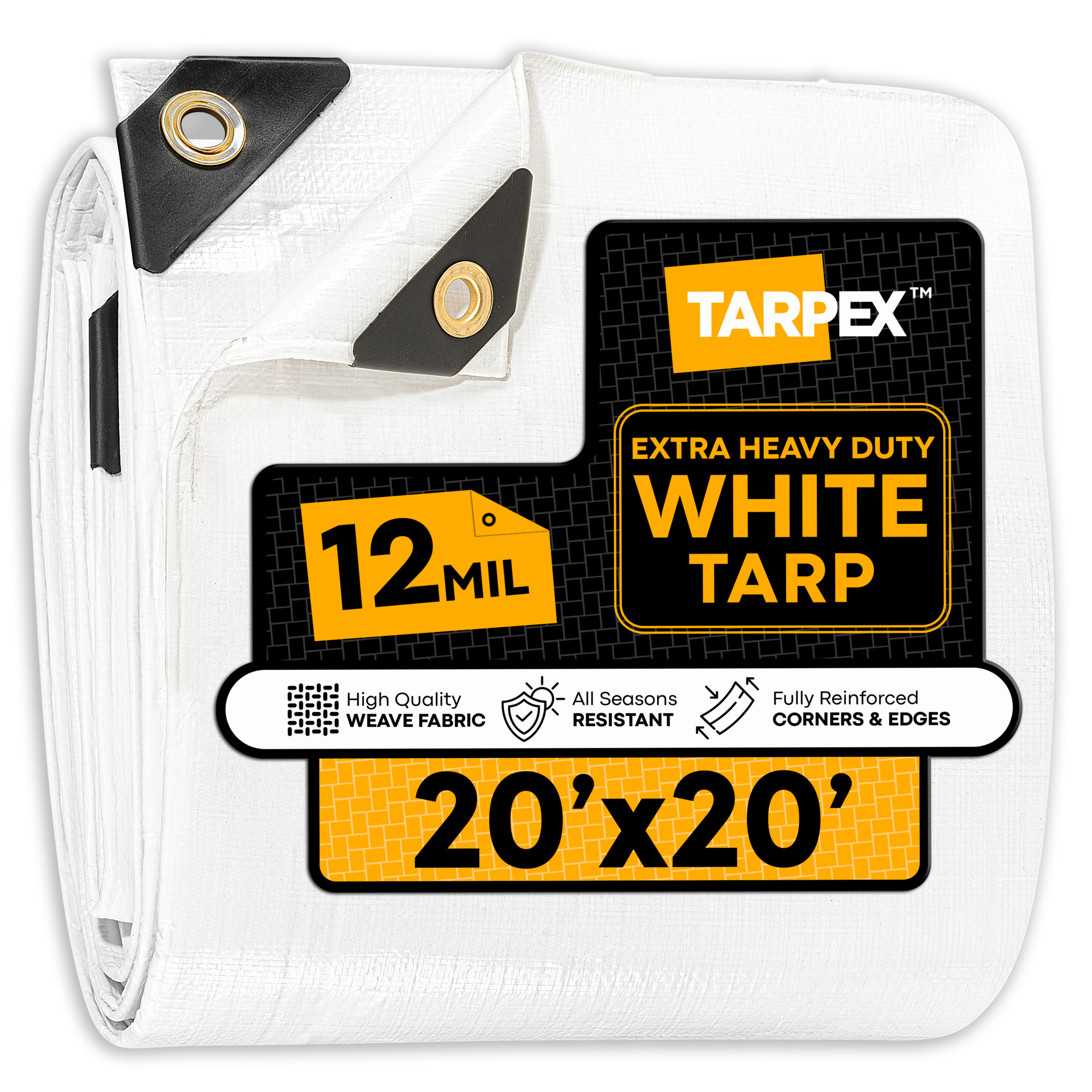 TARPEX 20' x 20' White Extra Heavy-Duty Weatherproof Tarp – 12 Mil Poly with Reinforced Edges for All-Purpose Protection