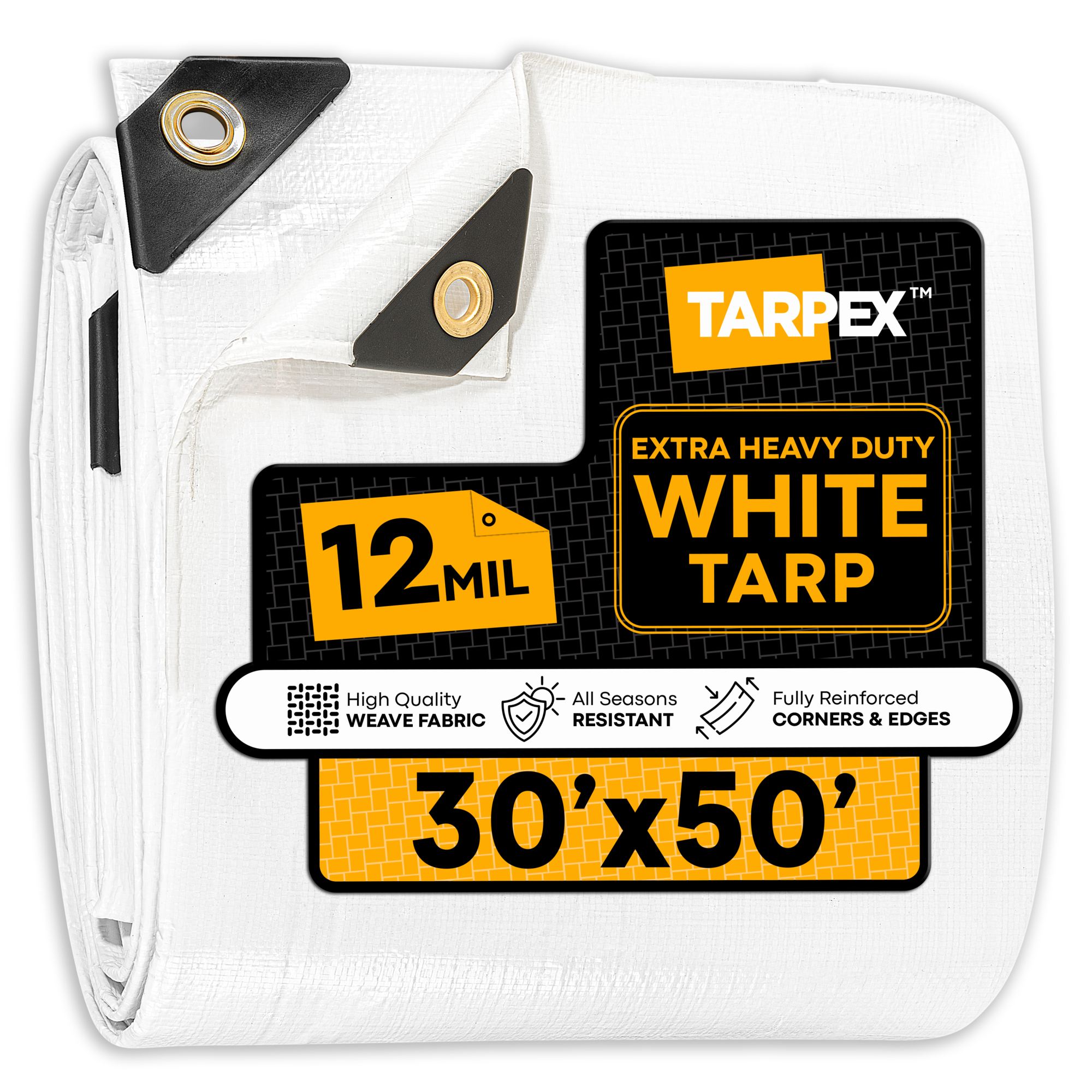TARPEX 30' x 50' White Extra Heavy-Duty Weatherproof Tarp – 12 Mil Poly with Reinforced Edges for All-Purpose Protection