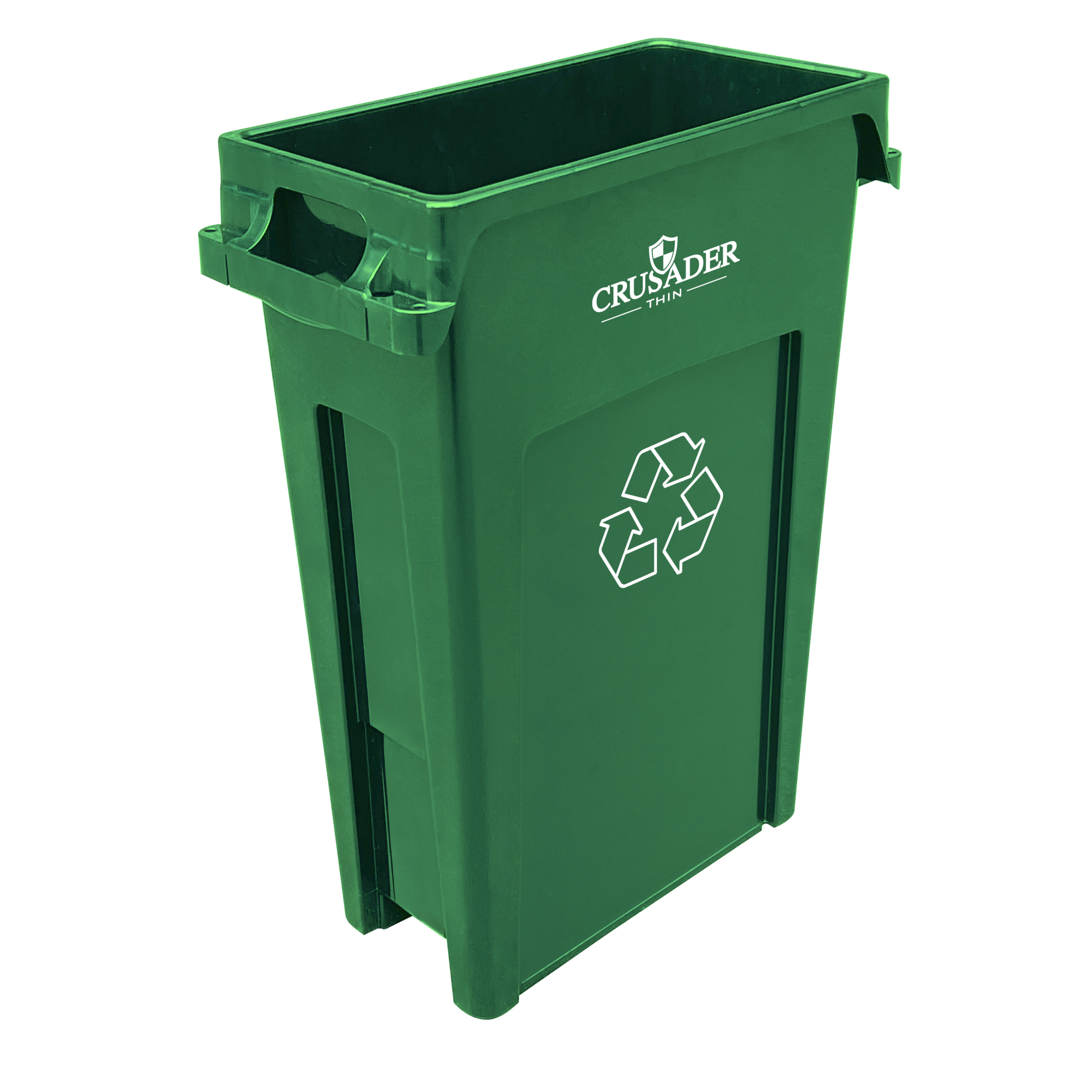 Crusader Thin Recyclining Container, 23 Gallon, 22"D x 11"W x 30"H, with recycle symbol, Green, NSF, Made in USA
