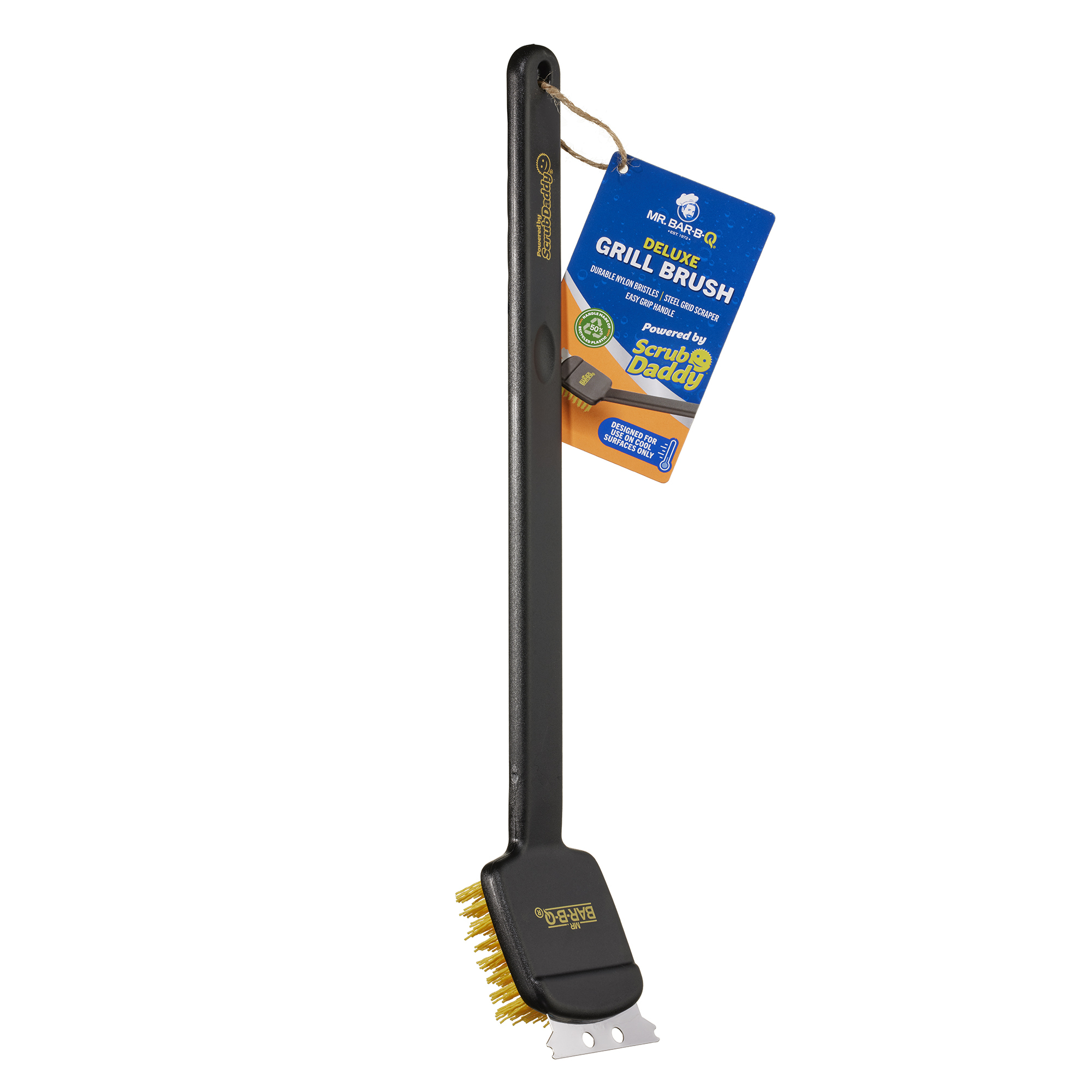 Mr. Bar-B-Q Scrub Daddy Deluxe Grill Brush — 18in. Handle, Nylon Bristles, Built-In Steel Grid Scraper, Model# 60415SDZ
