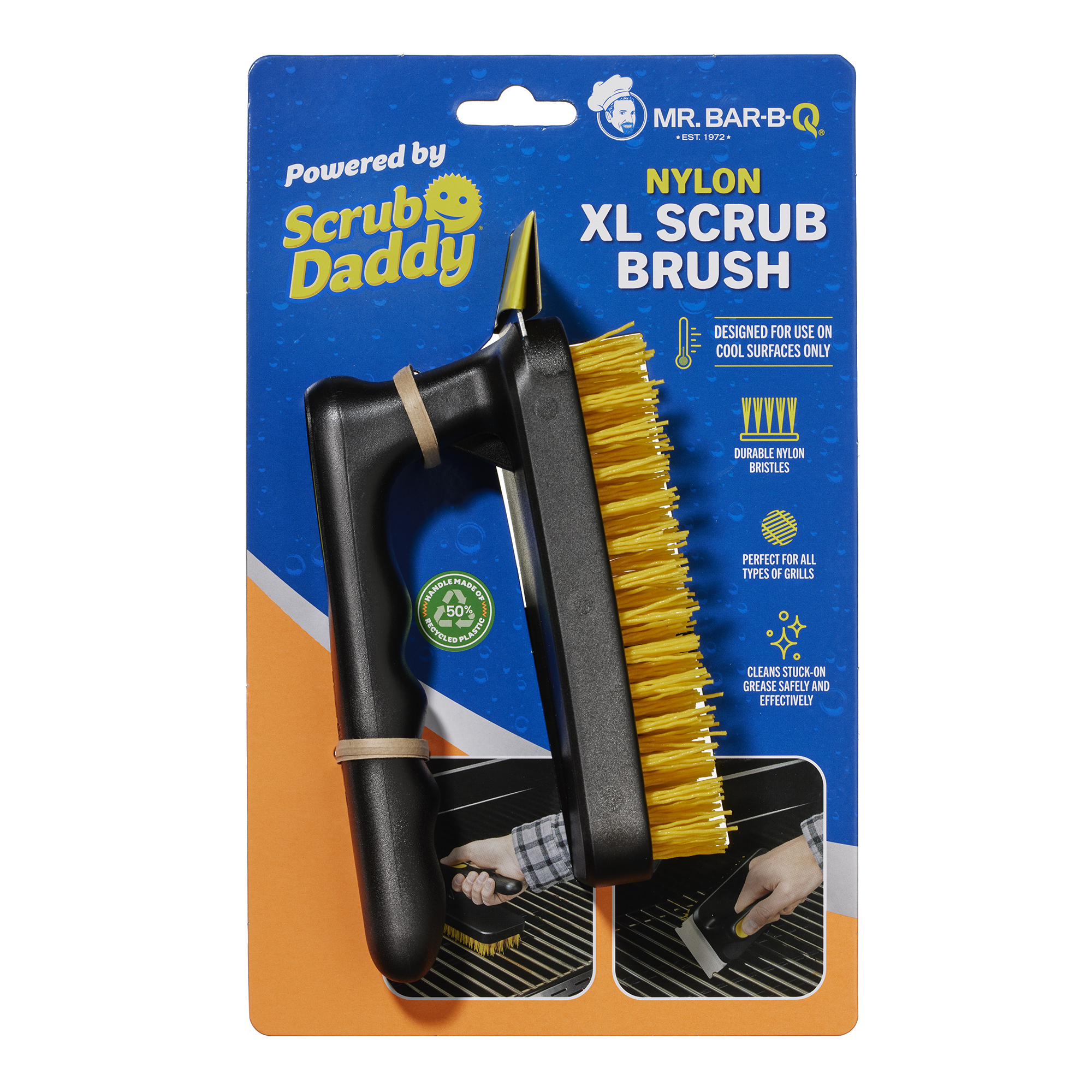 Mr. Bar-B-Q Scrub Daddy Nylon Bristle Brush — XL, Built-In Steel Grid Scraper, 50% Recycled Plastic, Model# 60406SDZ