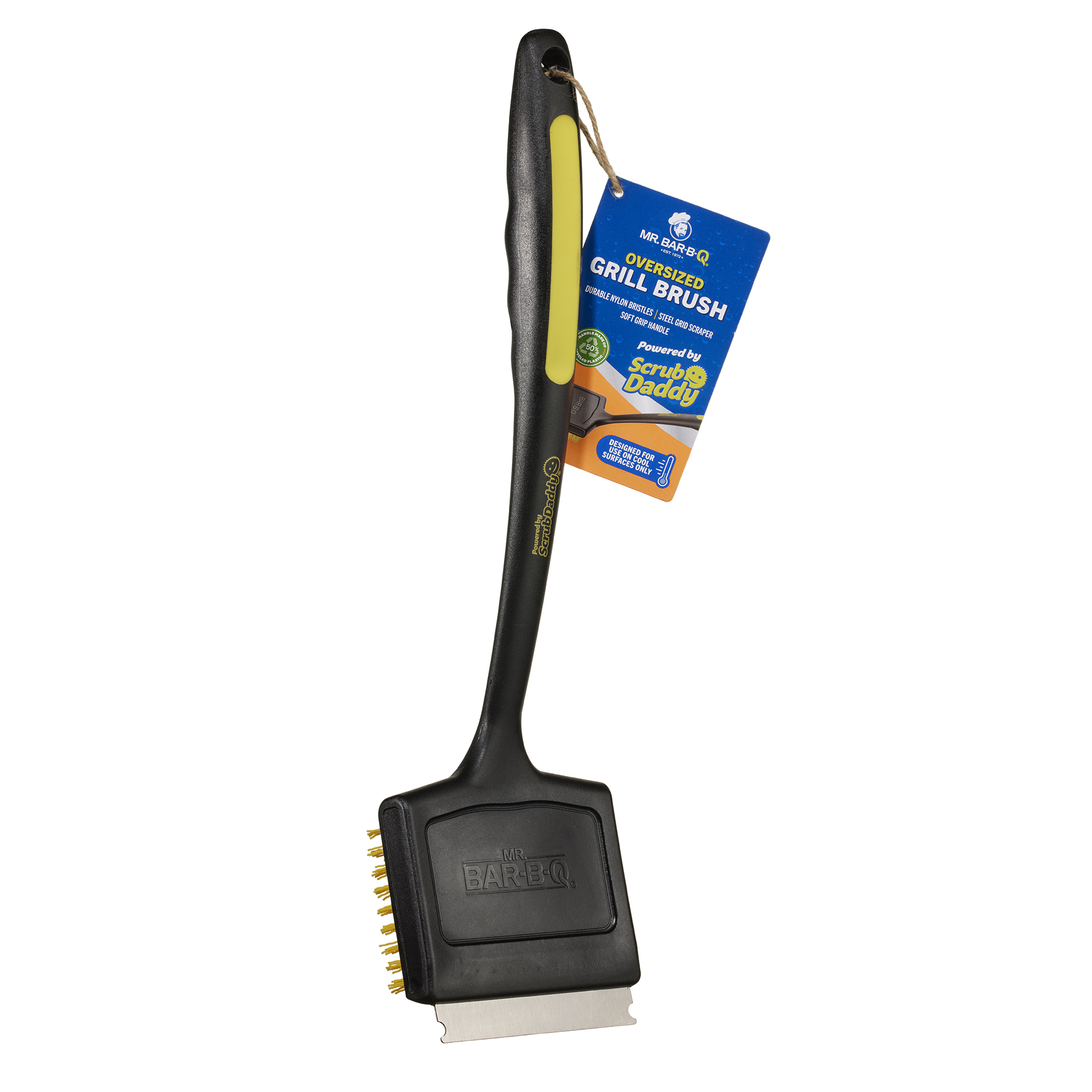Mr. Bar-B-Q Scrub Daddy Oversized Nylon Bristle Grill Brush — Wide Brush Head, Durable, Recycled Plastic Handle, Model# 60419SDZ