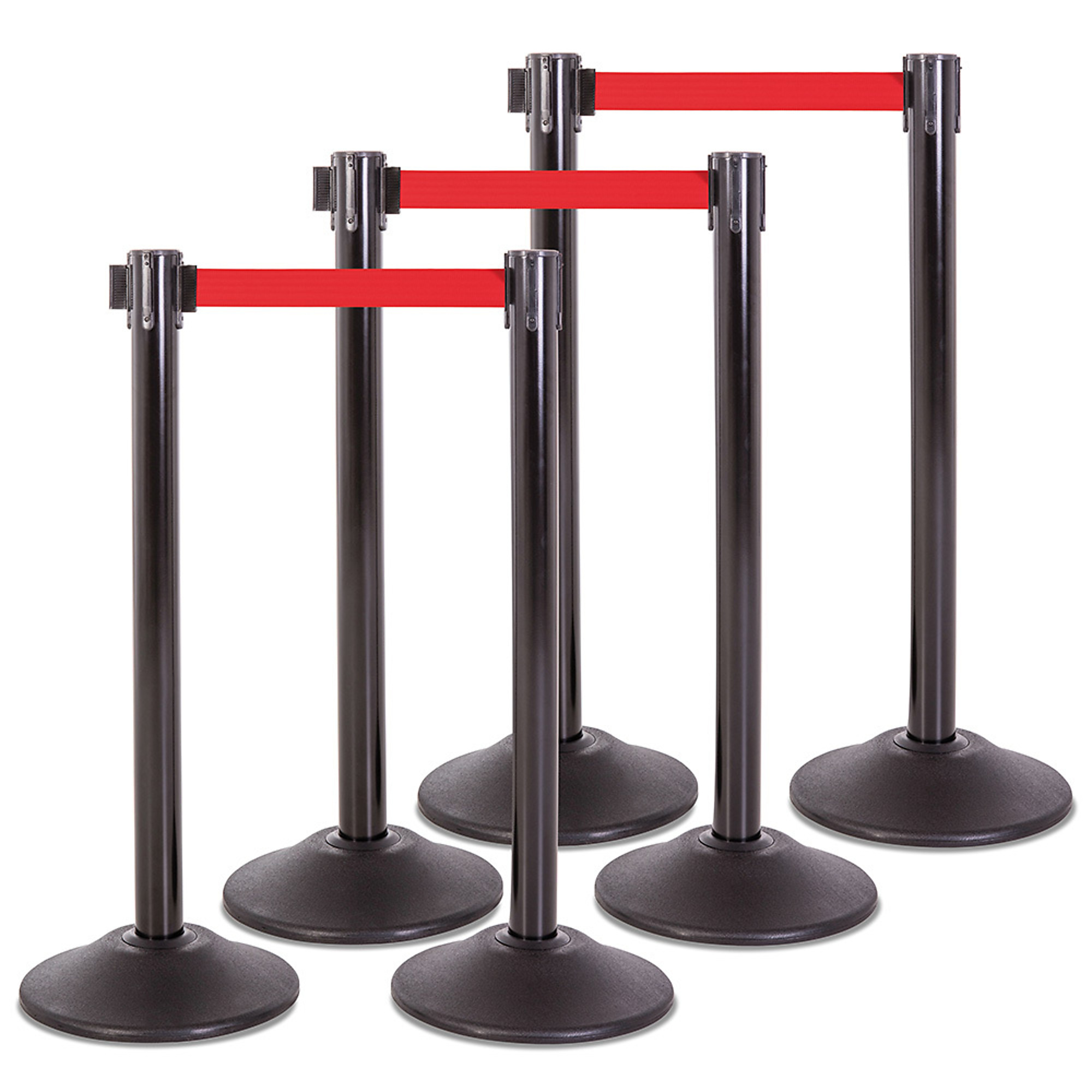 US Weight Heavy-Duty Steel Stanchion Set — 38.5in. Height, 7.5ft. Red Retractable Belt, Scratch-Resistant Base, 6-Pack, Model# U2102REDPK6