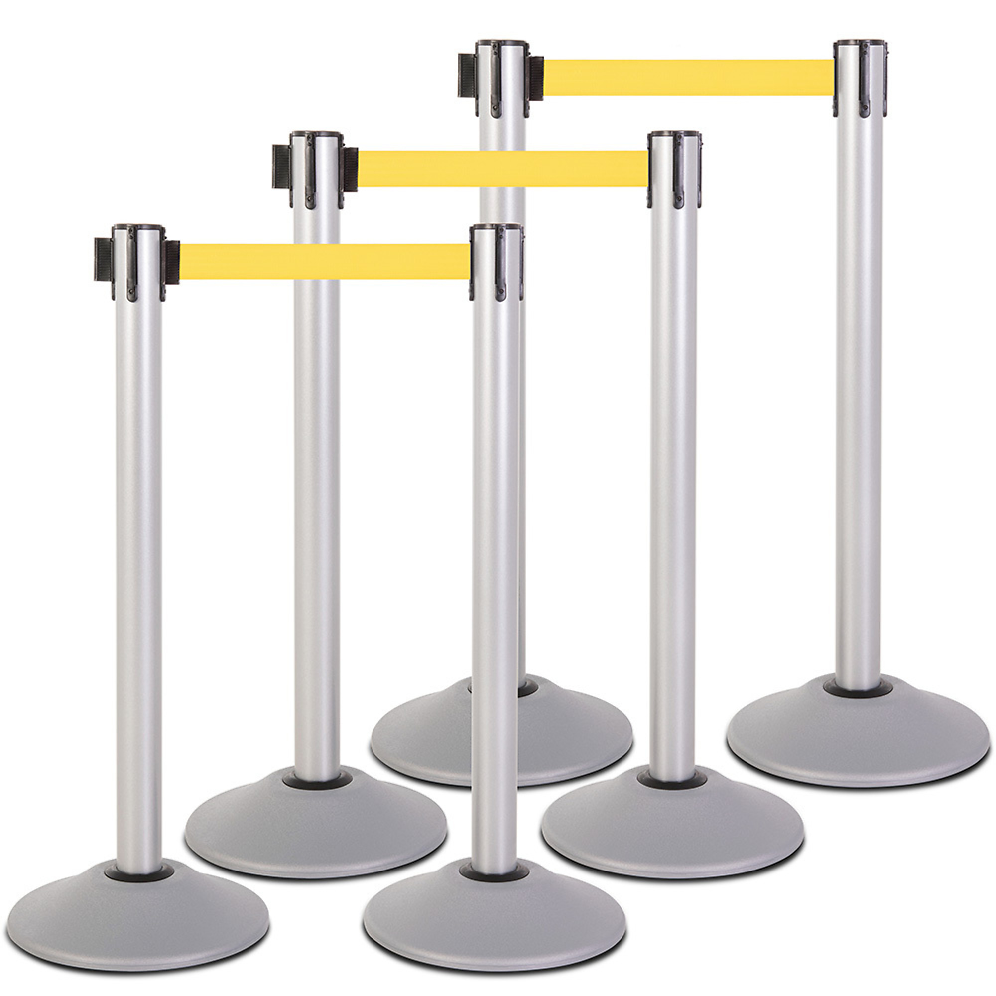 US Weight Heavy-Duty Premium Steel Stanchion — 7.5ft. Yellow Retractable Belt, Scratch-Resistant Base, 6-Pack, Model# U2103YELPK6
