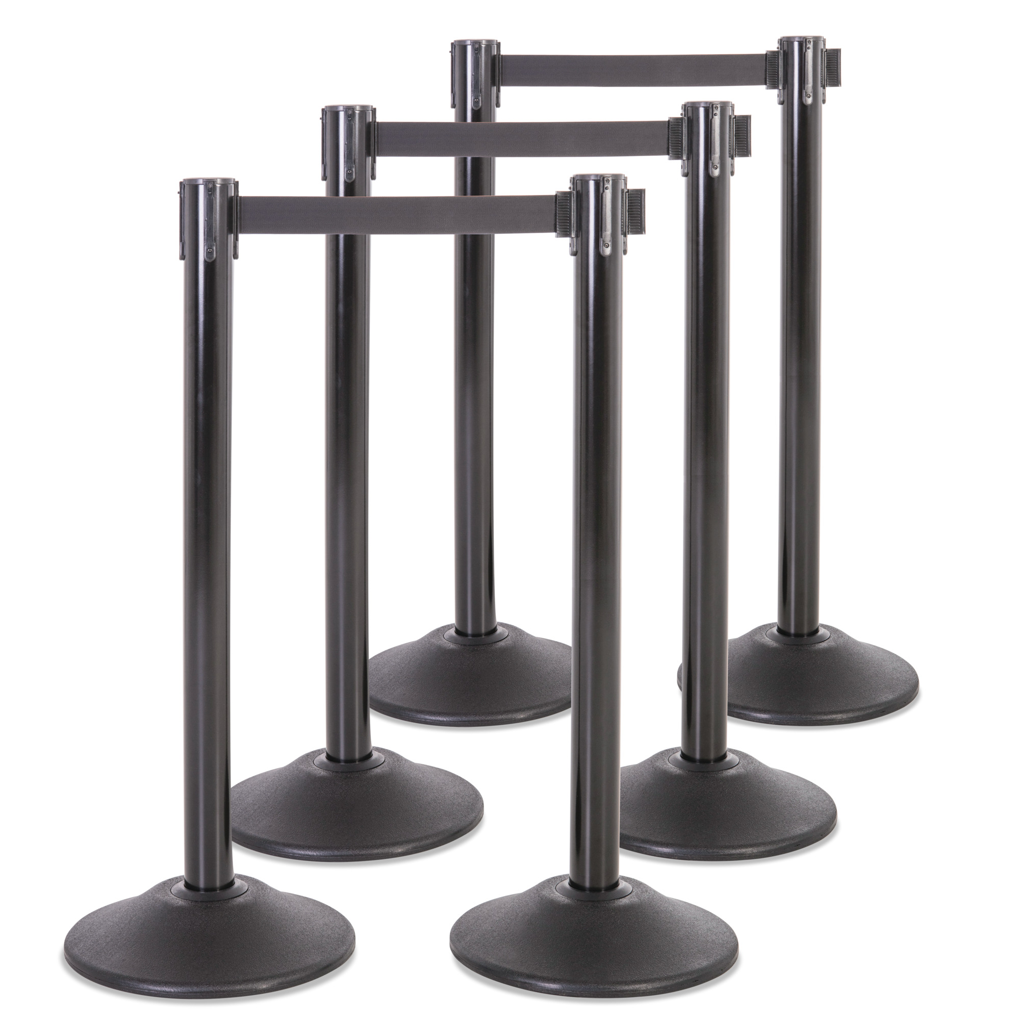 US Weight Premium Steel Stanchion Set — 7.5ft. Retractable Belt, Scratch-Resistant Base, 6-Pack, Black, Model# U2102PK6