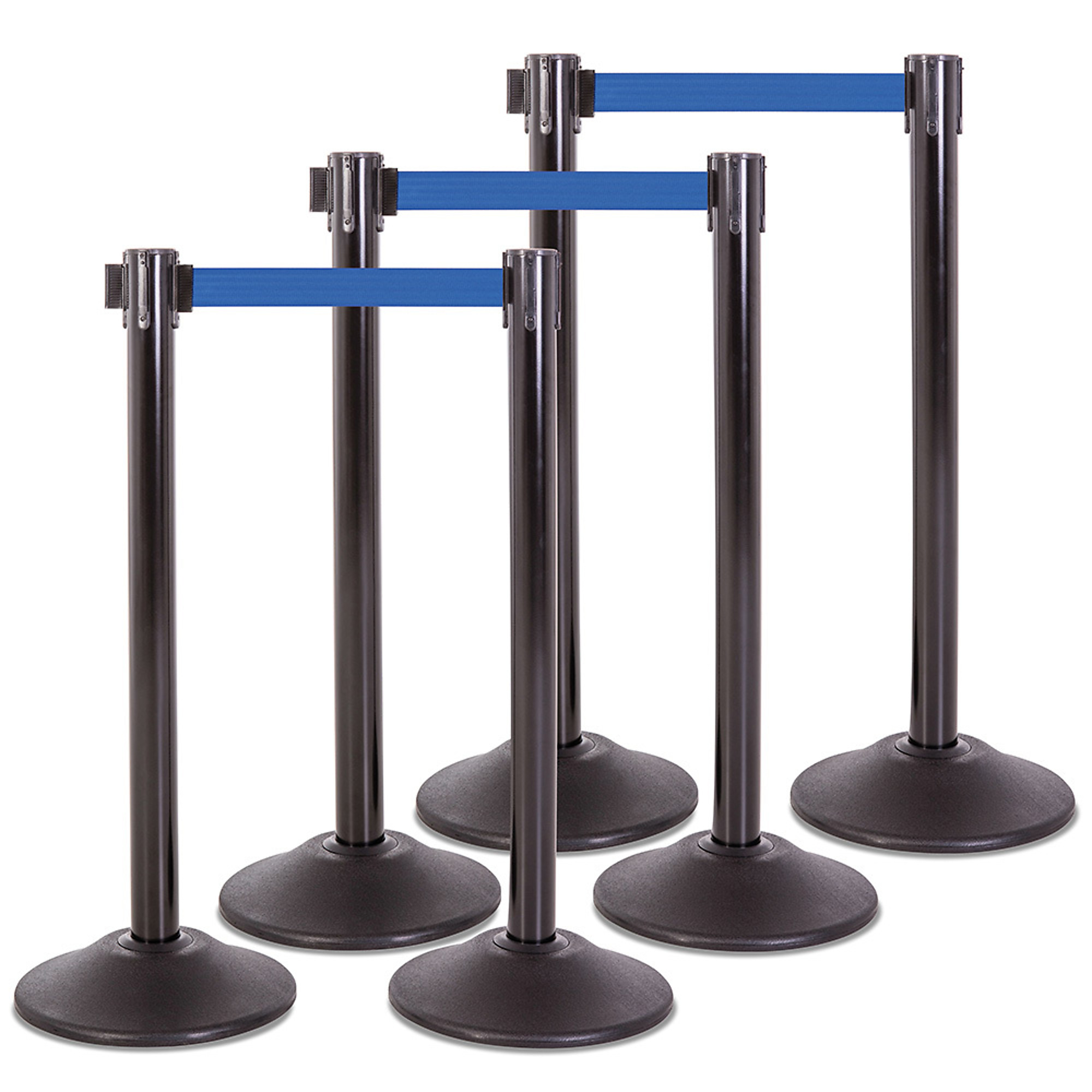 US Weight Heavy-Duty Steel Stanchion Set — 38.5in. Height, 7.5ft. Blue Retractable Belt, Scratch-Resistant Base, 6-Pack, Model# U2102BLUPK6