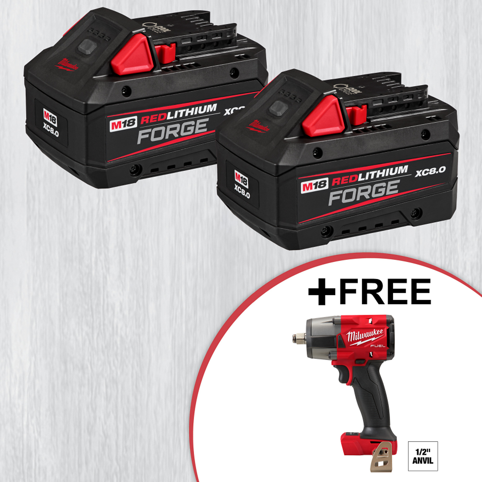 Milwaukee M18 18V Lithium-Ion REDLITHIUM FORGE XC 8.0 Ah Battery Pack, 2-Pack, Model# 48-11-1881, with Free M18 FUEL 18V Lithium-Ion Brushless Cordless Mid Torque 1/2 in. Impact Wrench w/Friction Ring, Tool-Only, Model# 29
