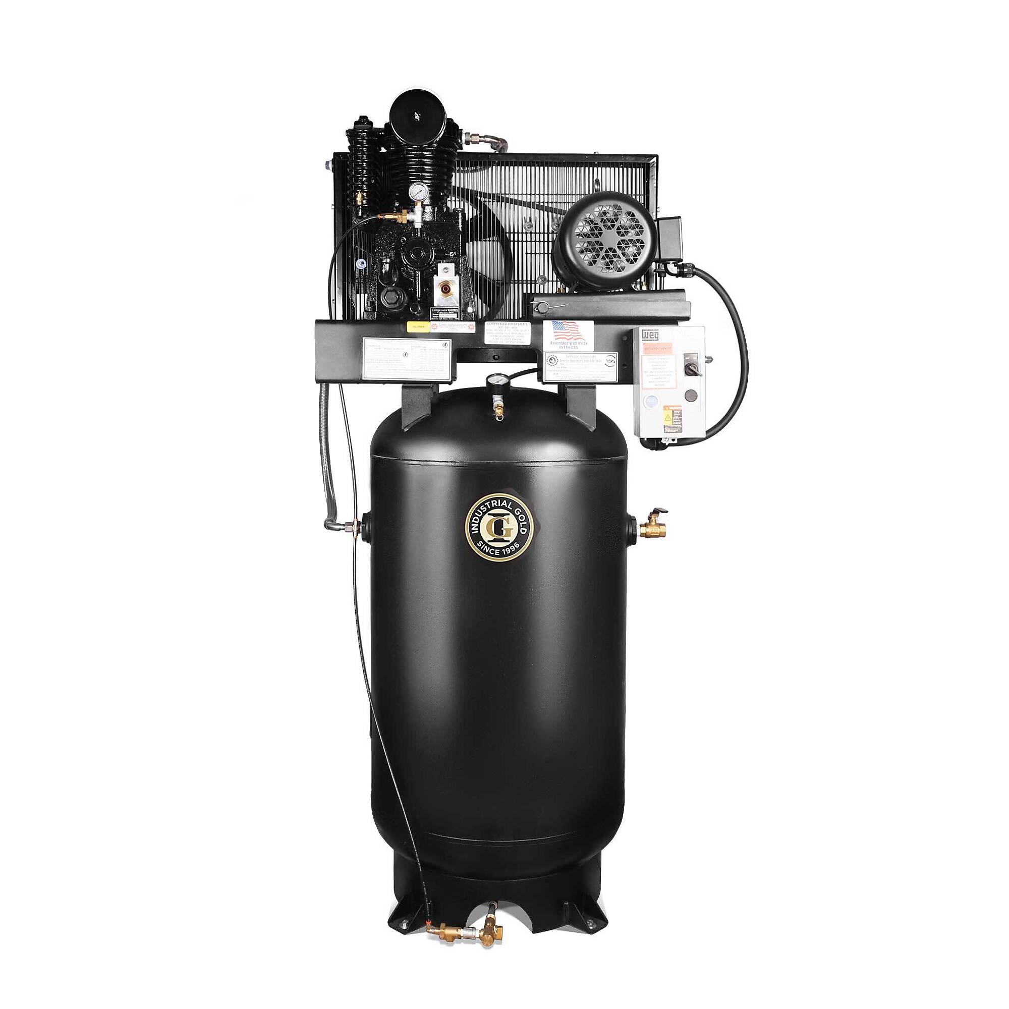 Industrial Gold 7.5 HP Two-Stage Reciprocating Air Compressor — 80-Gal. Vertical, 208-230V, 1 Phase, 23 CFM @ 175 PSI, Model# CI7521E80V-PL