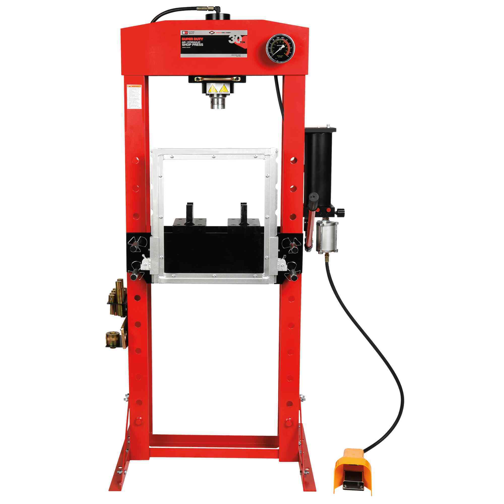 American Forge & Foundry - Shop Press - 30 Ton Capacity - Foot Operated Air Motor/Manual Pump W/ Hydraulic Ram - Built In Polycarbonate Press Guard - 10 pc Pin & Bearing Press Adapter Set Included - SUPER DUTY - Model