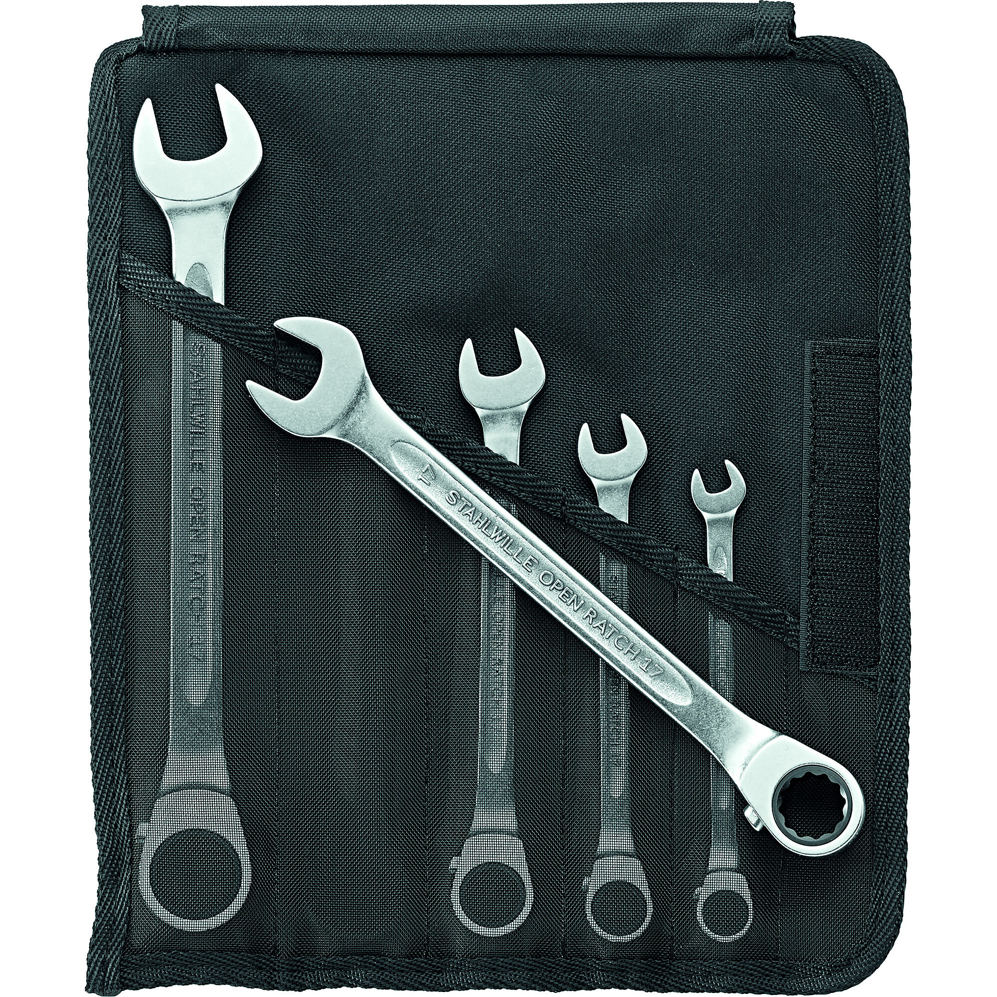 Stahlwille Ratchet Combination Wrench Set — 5-Piece, 8-19mm, 15° Jaw Angle, Bi-Hex Ring, Model# 17