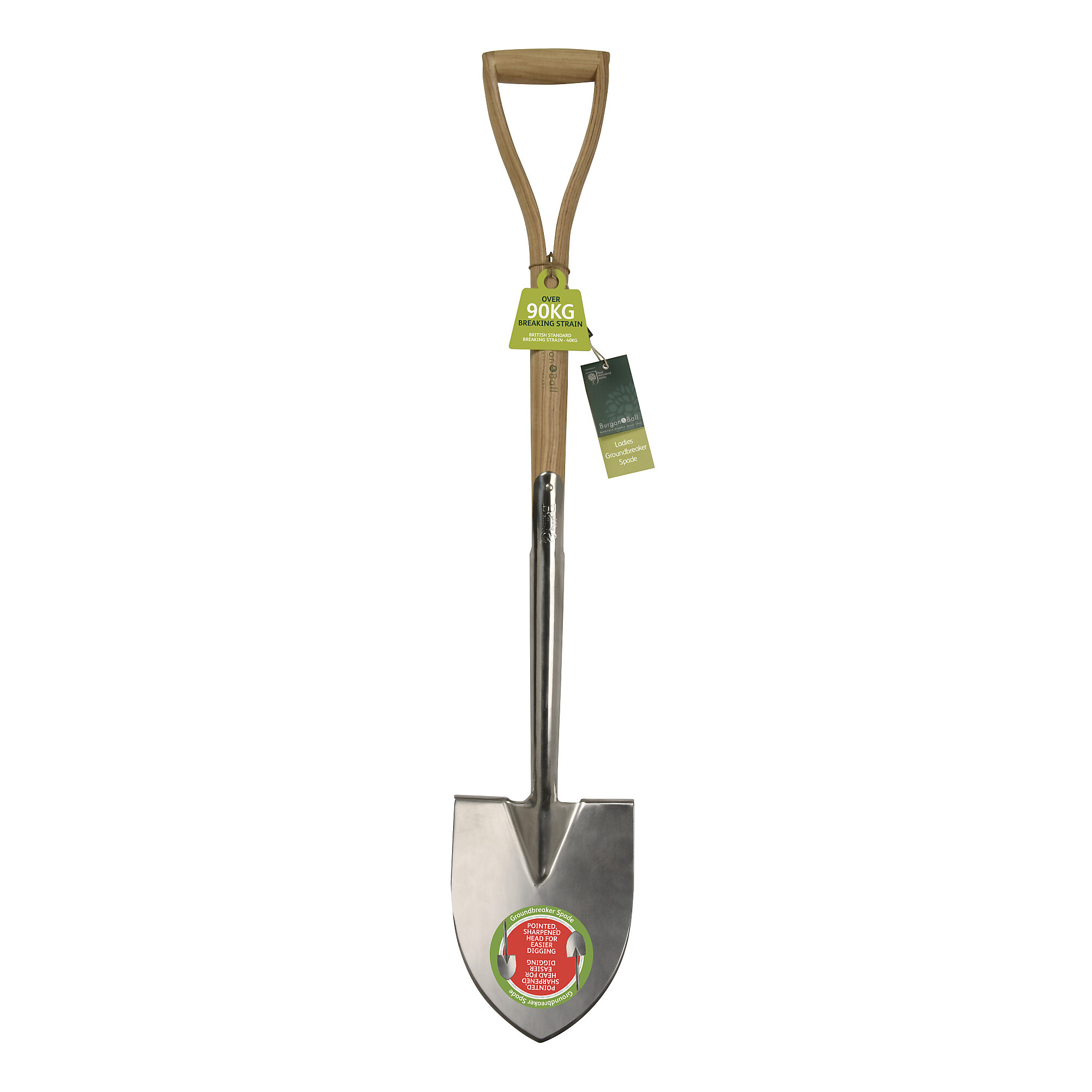 Burgon & Ball Stainless Steel Groundbreaker Spade Shovel — Wood D-Grip Handle, RHS Endorsed, Model# GTB/SGSBRHS