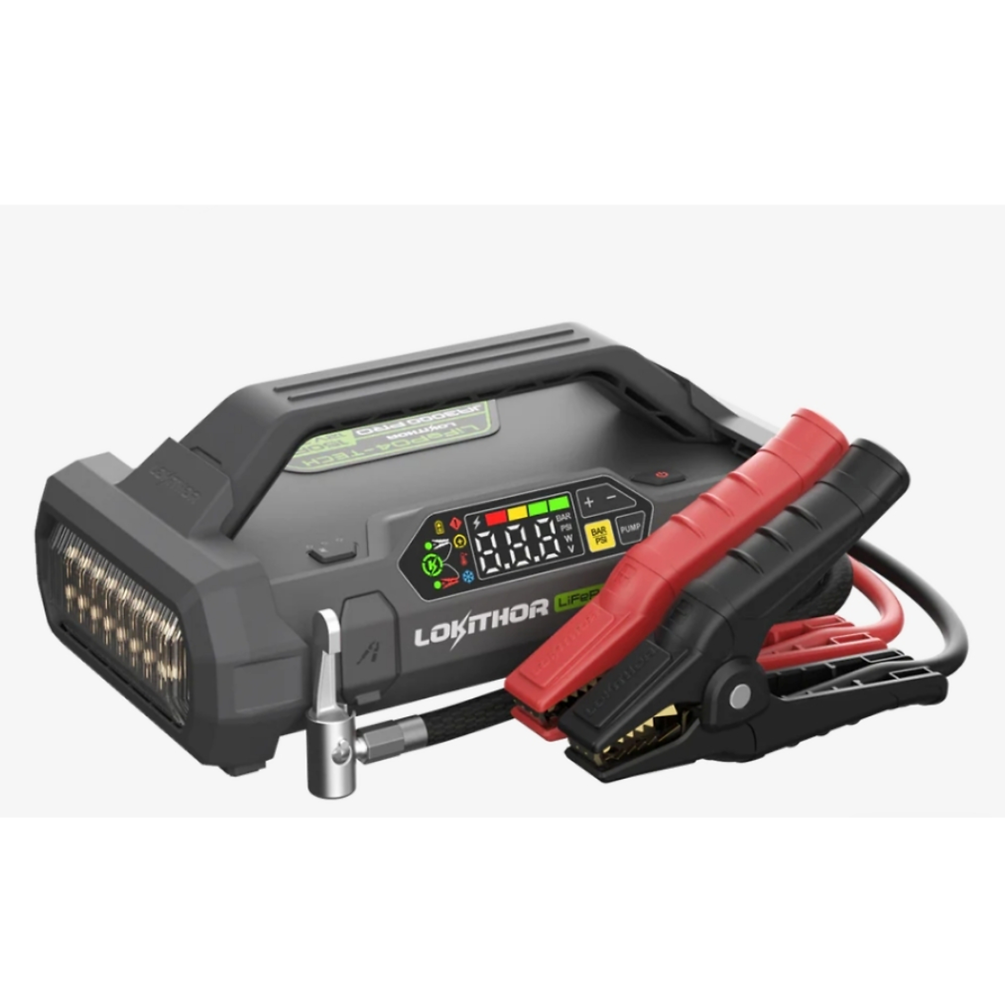 Lokithor 4-in-1 Jump Starter — 3000 Amps, Air Compressor, Battery Bank, Flashlight, LiFEPO Battery, Model# JA3000 PRO