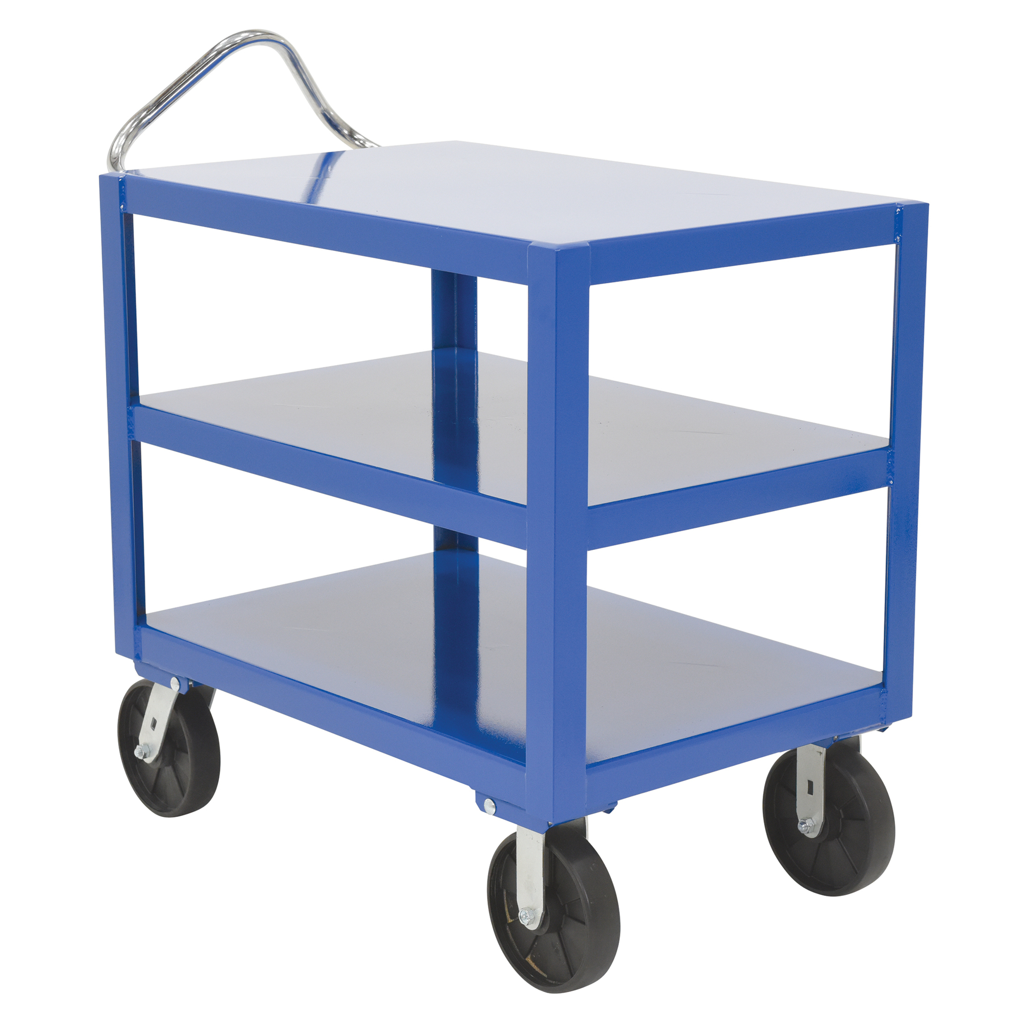Vestil Heavy-Duty Steel Platform Cart — 24in. x 36in., 3 Shelves, Ergo Handle, 4000-Lb. Capacity, GFN Casters, Blue, Model# DH-PH4-2436-3