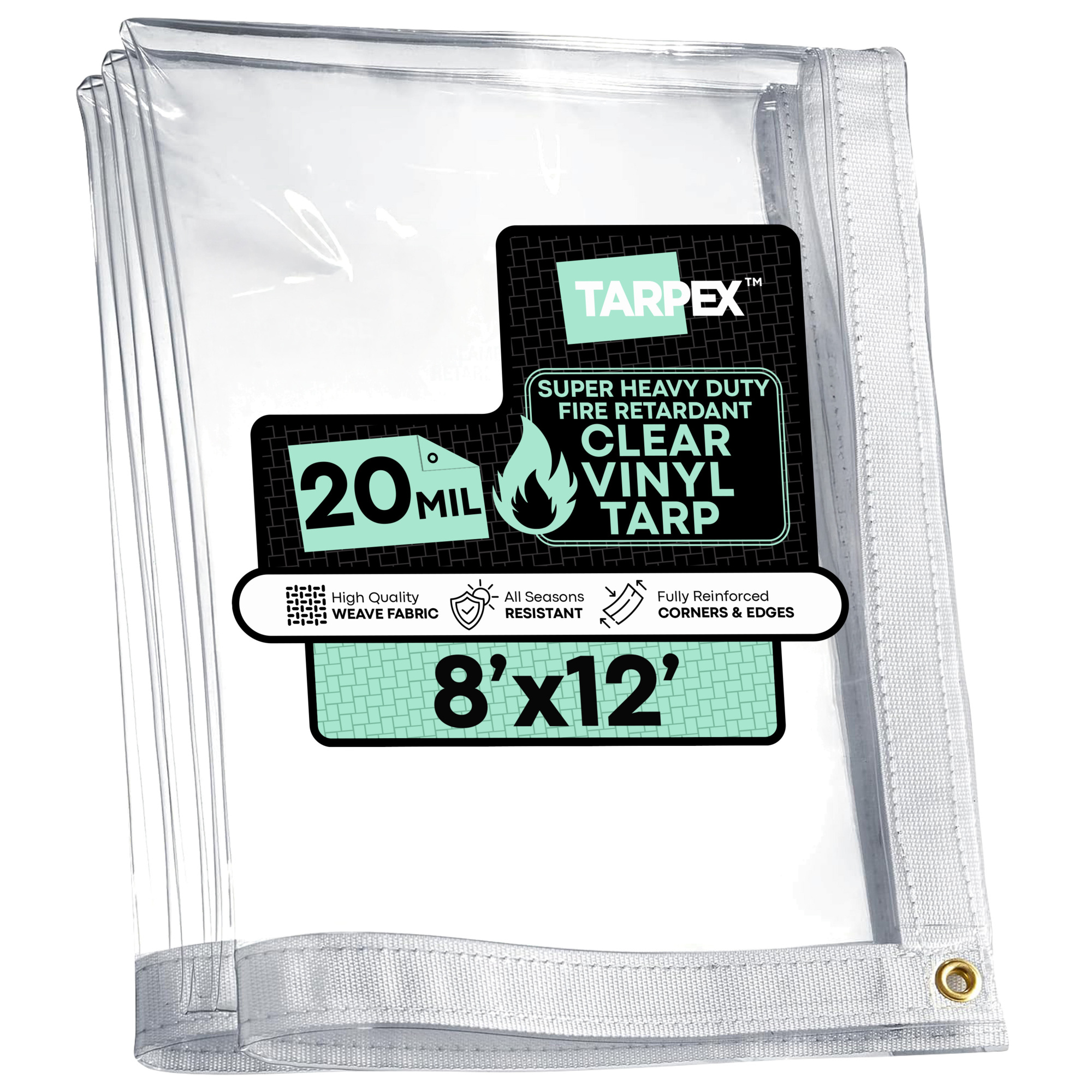 TARPEX Clear PVC Vinyl Tarp — 8ft. x 12ft., 20 Mil, Fire-Retardant, Waterproof, UV-Treated, Reinforced Edges, Model# CVTFR-TA-812