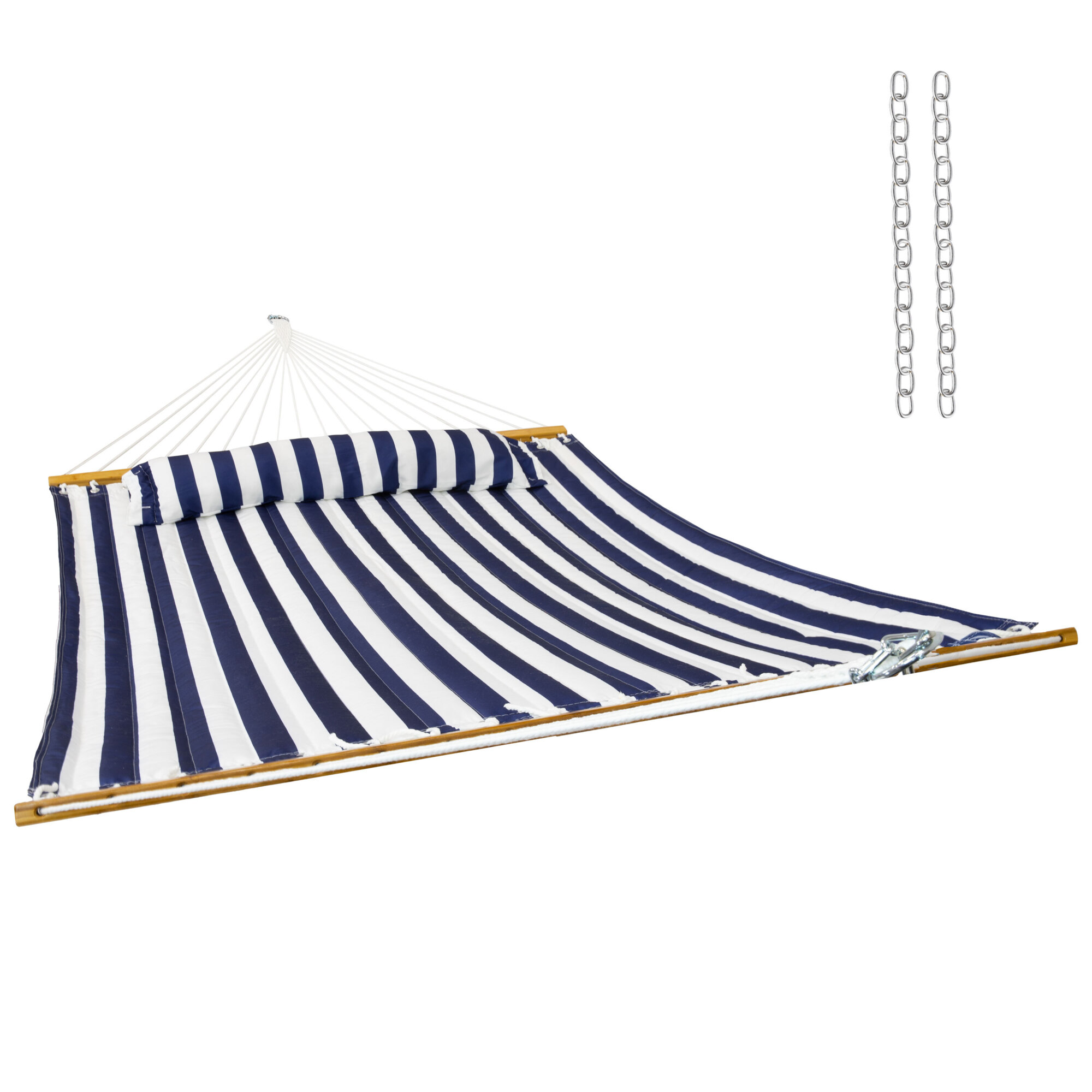 Sunnydaze Heavy-Duty Quilted Fabric Hammock — 2-Person, 450 lb Capacity, Blue and White Stripe, Detachable Pillow, Model# QFH-4691