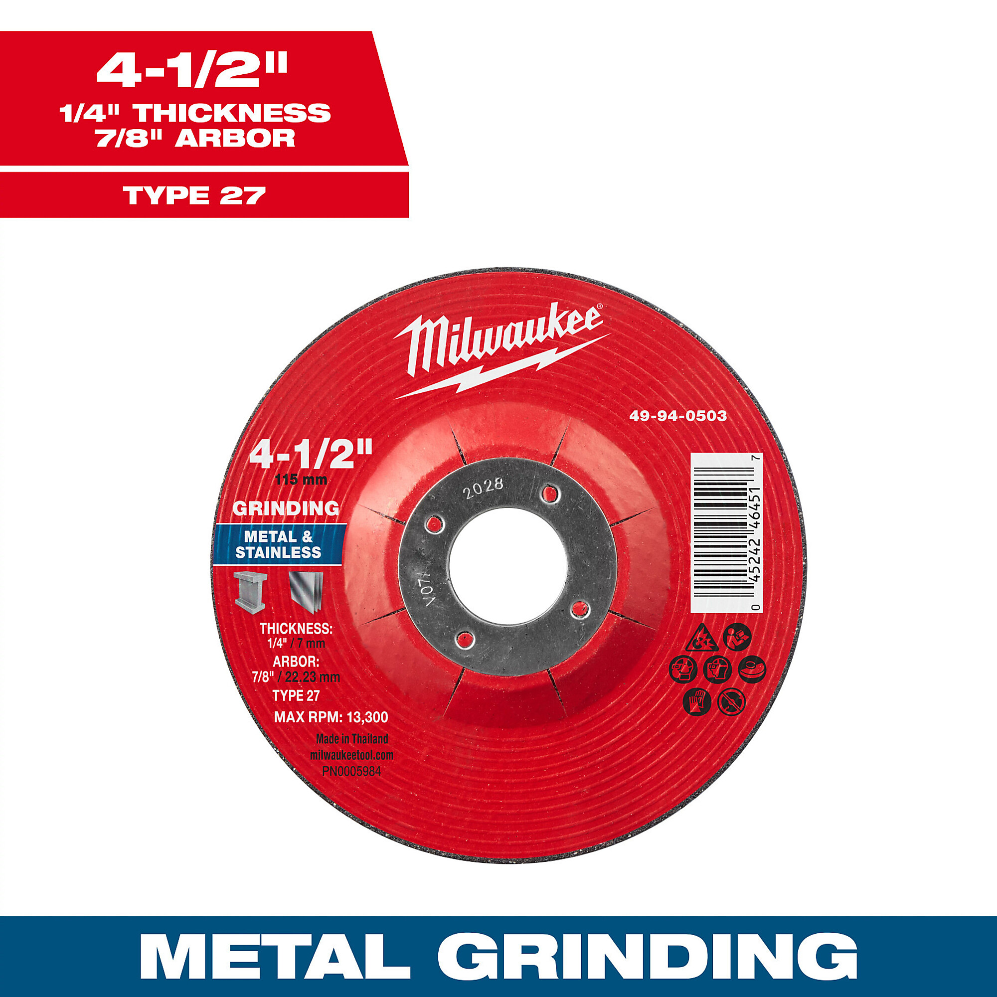 Milwaukee 4-1/2" x 1/4" x 7/8" Metal Grinding Wheel,Type 27, Model# 49-94-0503