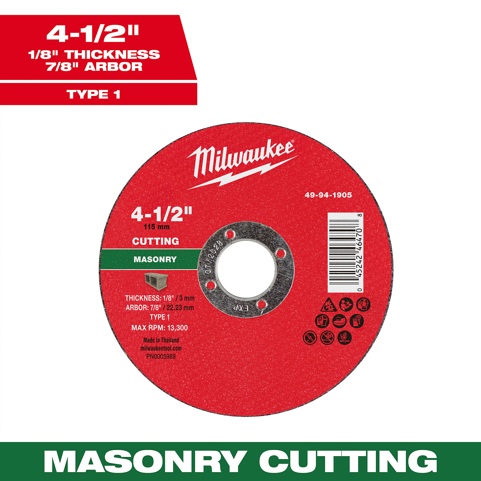 Milwaukee 4-1/2" x 1/8" x 7/8" Masonry Cut Off Wheel, Type 1, Model# 49-94-1905