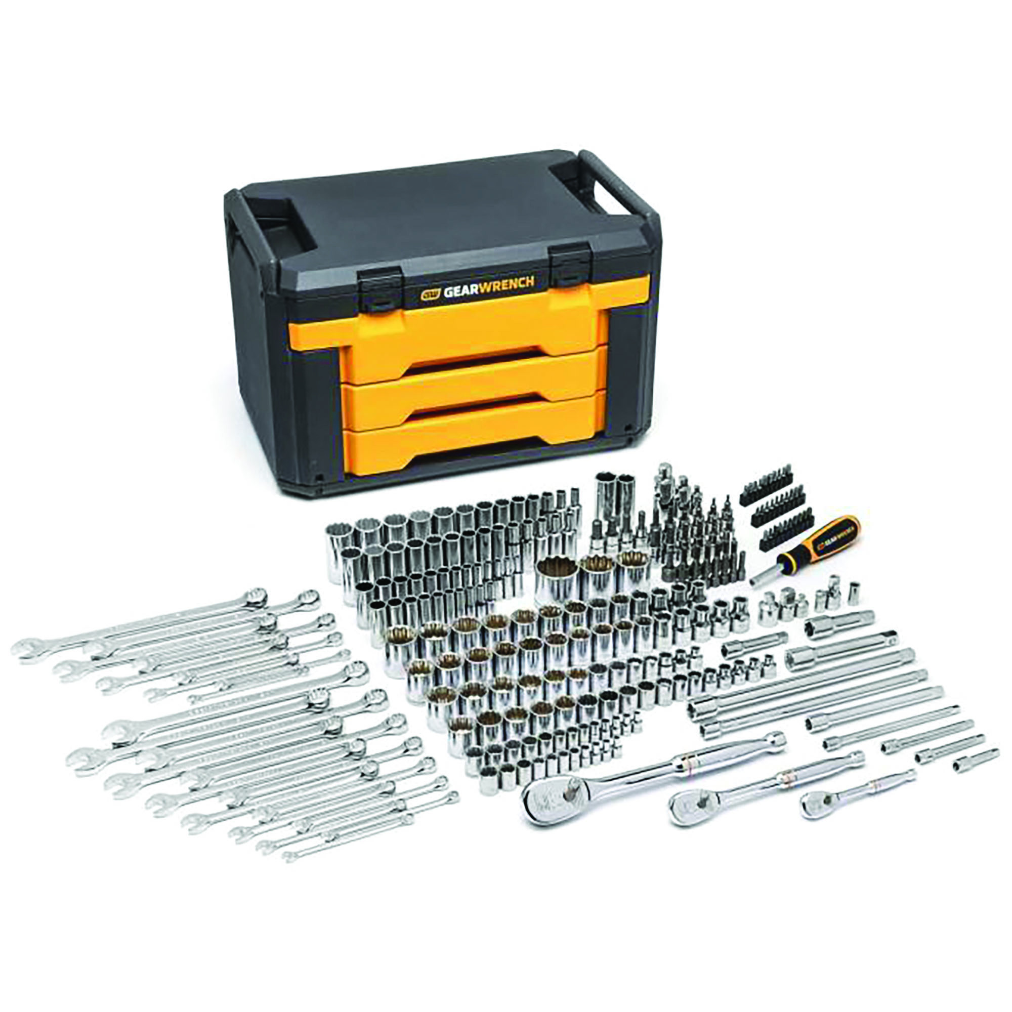 GearWrench - 243-Piece Mechanics Tool Set - SAE/Metric 12-Point Sockets, 90-Tooth Ratchets & Combination Wrenches in 3-Drawer Storage Box - ATG80972