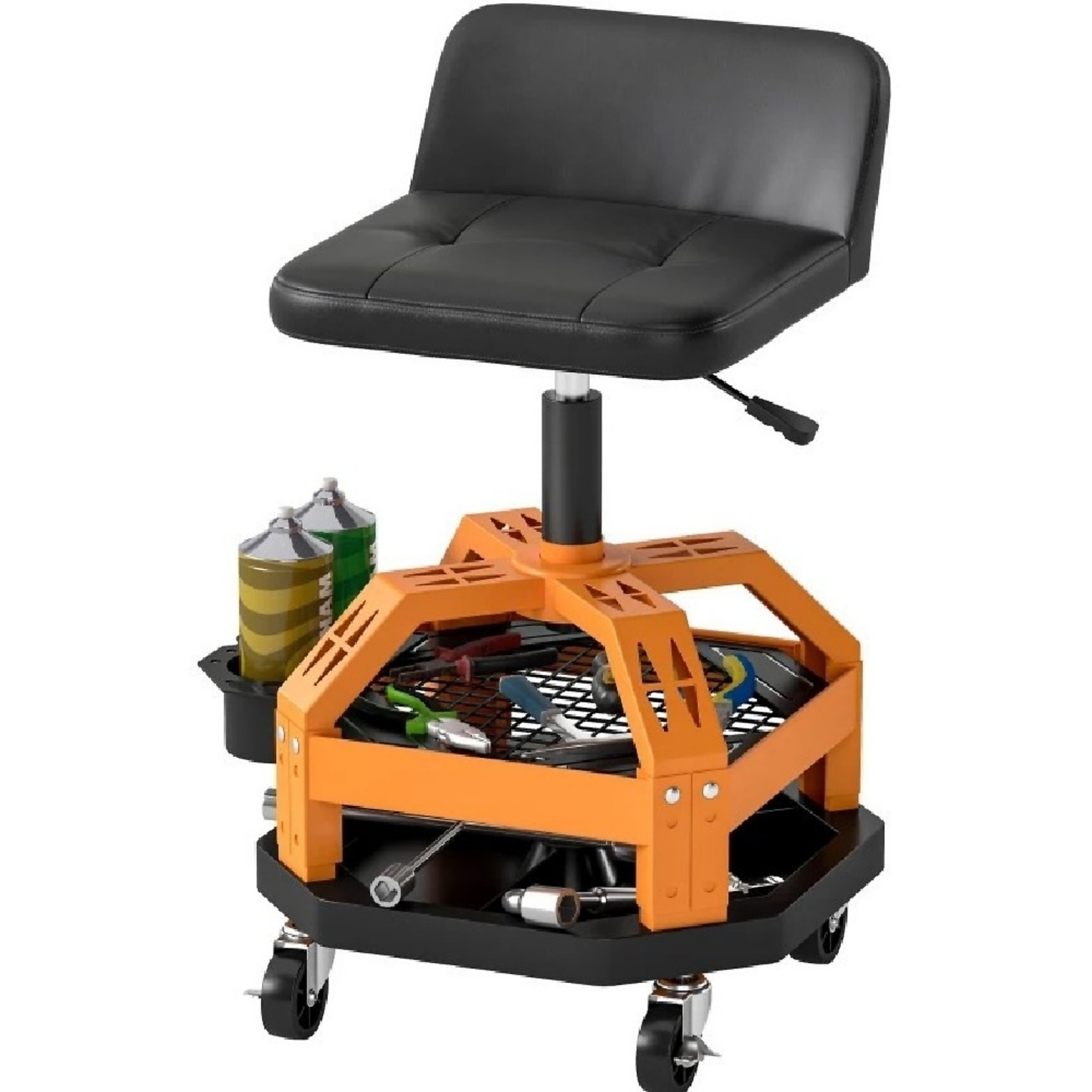 BlackTeck Heavy-Duty Adjustable Shop Stool — 360° Rotation, 2-Tier Storage Rack, Casters with Brakes, Orange, Model# N2-412514