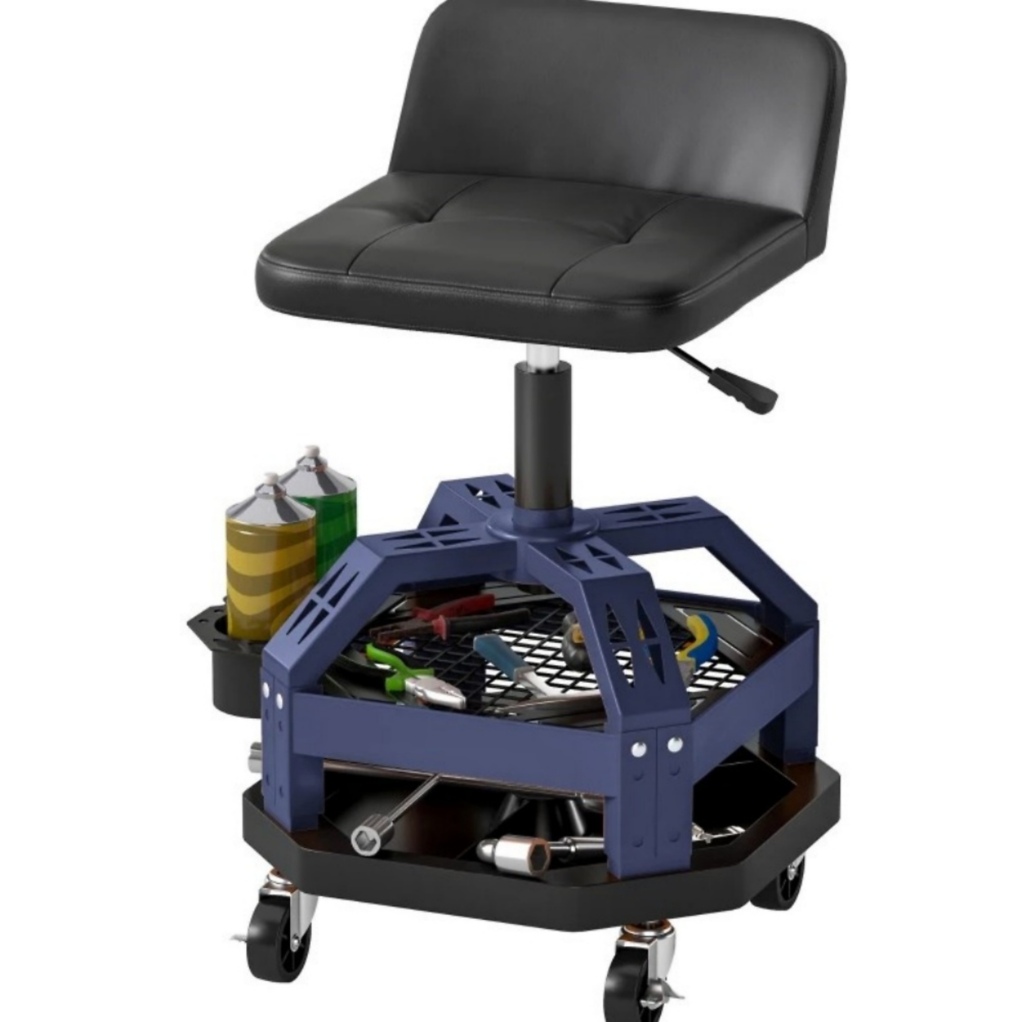 BlackTeck Adjustable Shop Stool — Blue, 360° Rotation, Heavy-Duty, 2-Tier Storage Rack, Casters with Brakes, Model# N2-412551