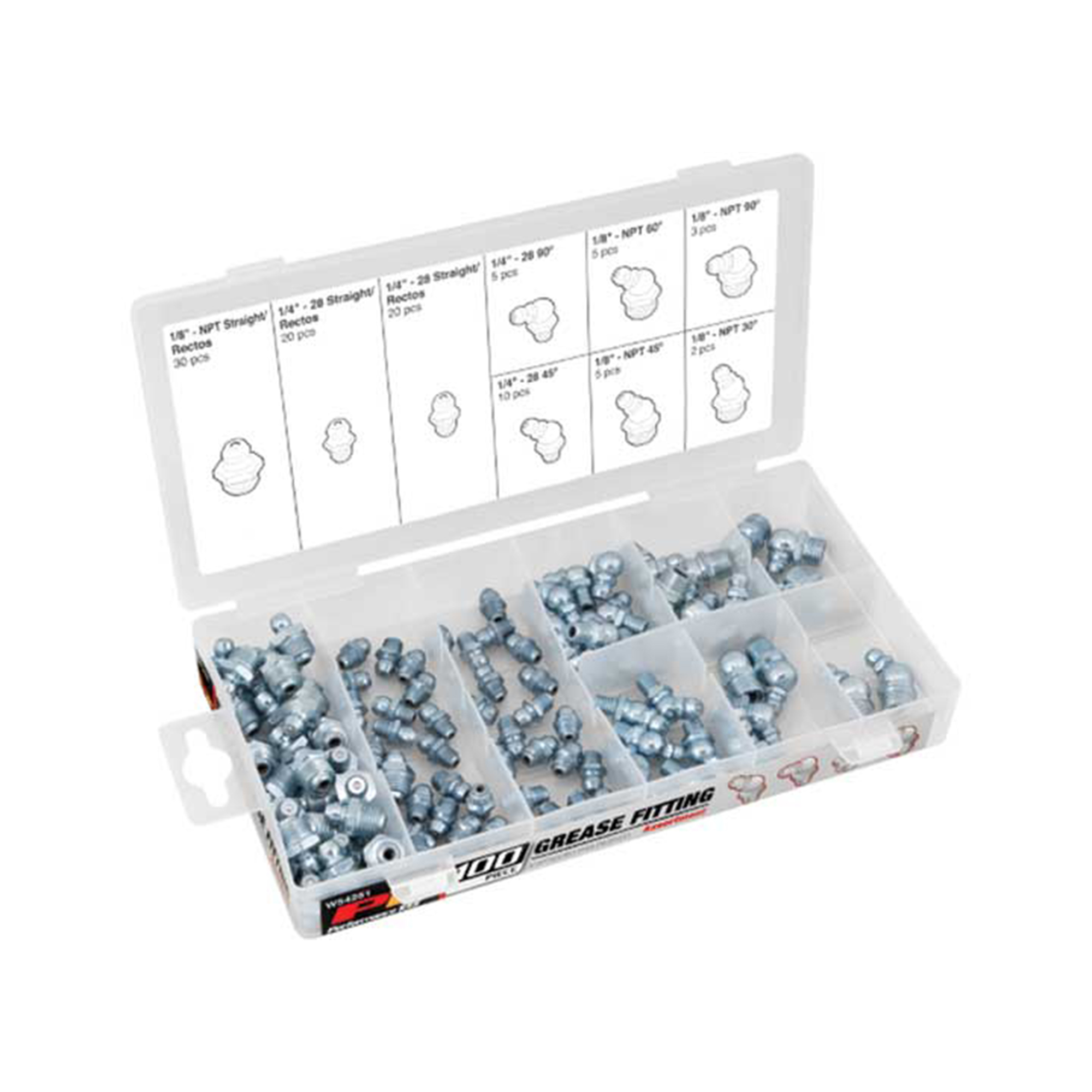 Performance Tool Grease Fitting Assortment — 100 Pcs, Straight, Angled & 45° Fittings, Steel, Model# PRTW54251