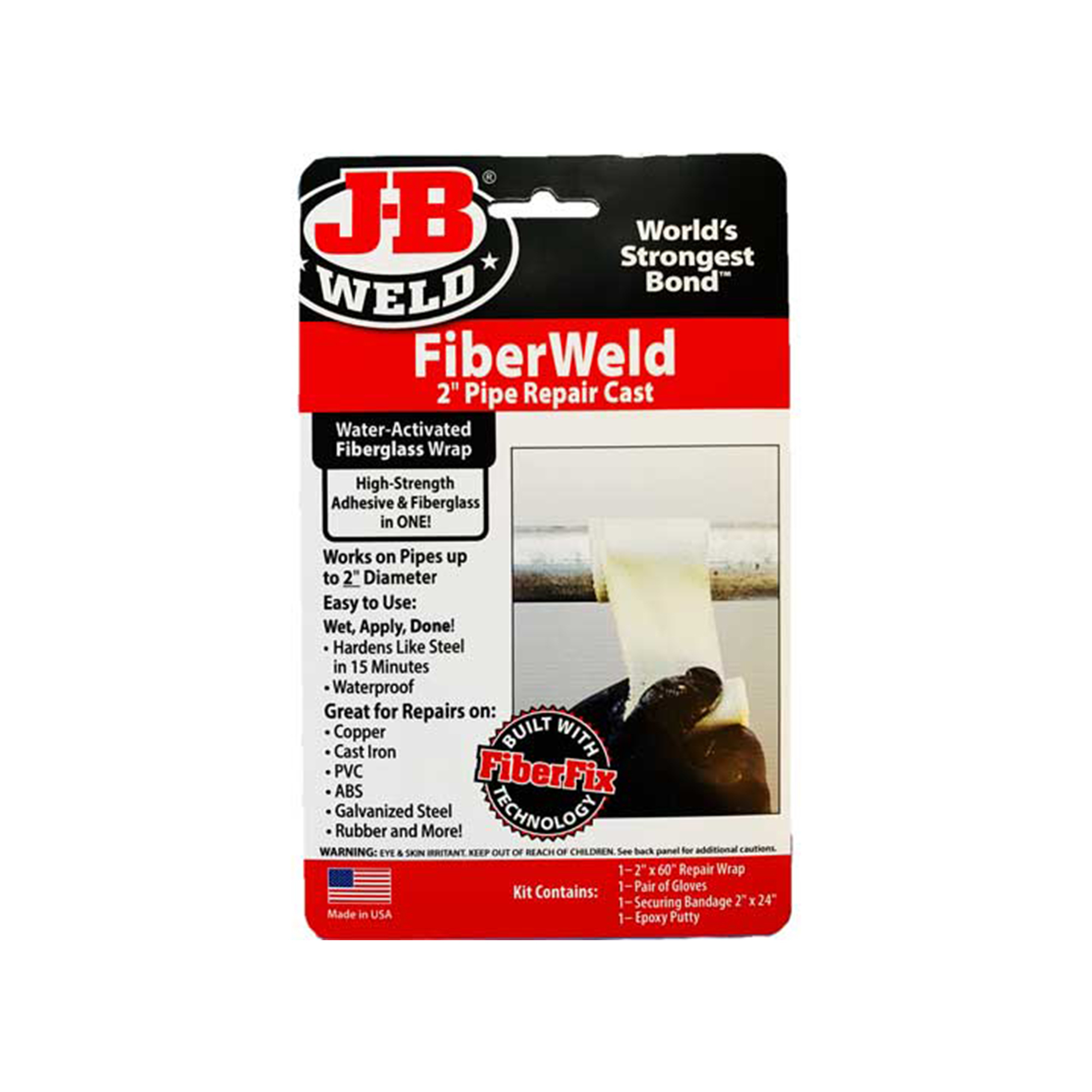JB Weld FiberWeld Pipe Repair Cast Kit — 2in. Diameter, Epoxy Putty Stick Included, Waterproof, 500 PSI, Model# JBW38260