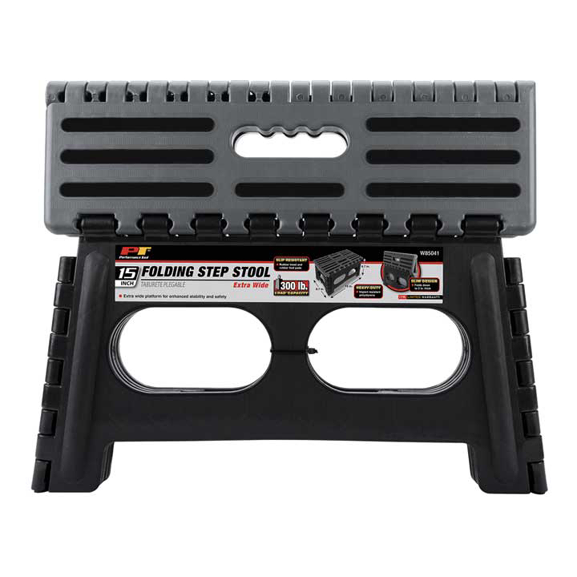 Performance Tool Folding Step Stool — 15in. Extra-Wide Platform, Lightweight, Anti-Skid Rubber Tread, 300-Lb. Capacity, Model# PRTW85041