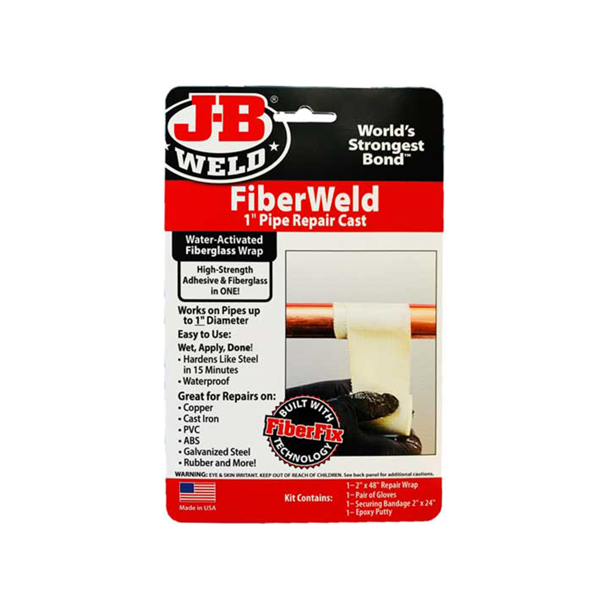 JB Weld FiberWeld Pipe Repair Cast Kit — 1in. Diameter, Includes Epoxy Putty Stick, 500 PSI Pressure Resistance, Model# JBW38248