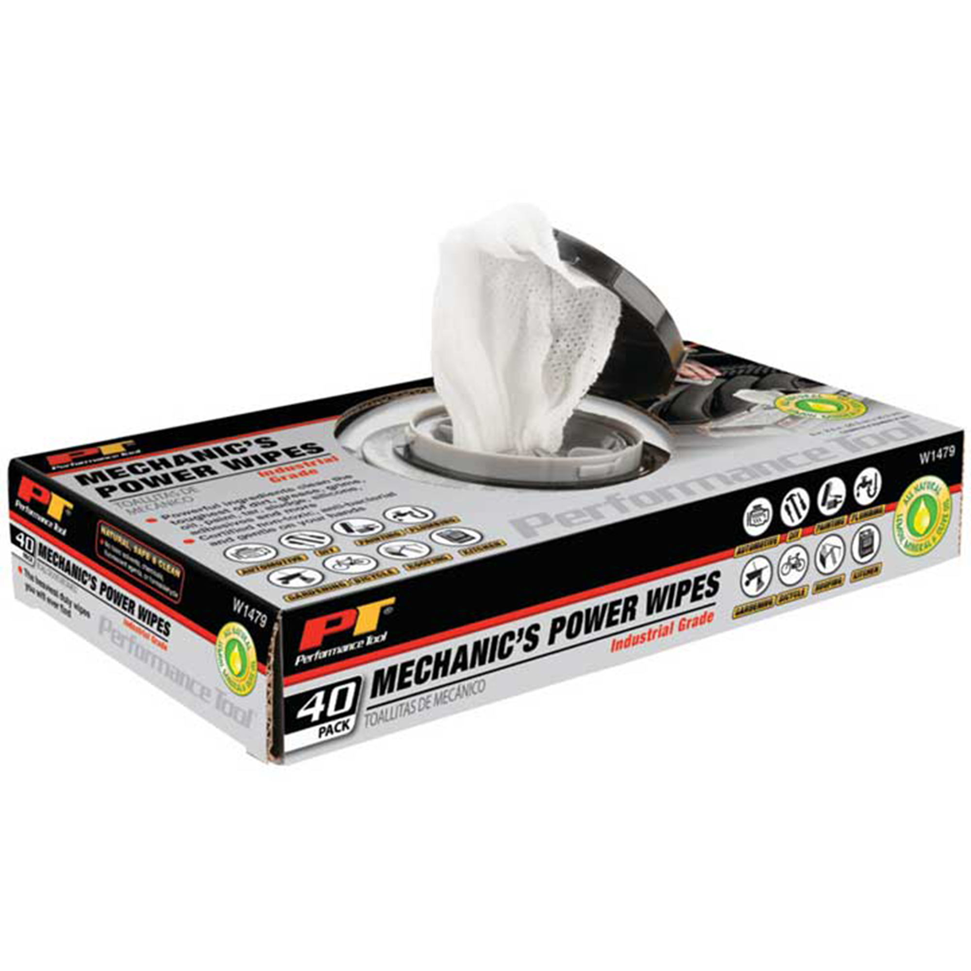 Performance Tool Industrial Mechanic Wipes — 40 Pcs, Heavy-Duty, Moisturizing, Eco-Friendly, Lemon Scent, Model# PRTW1479