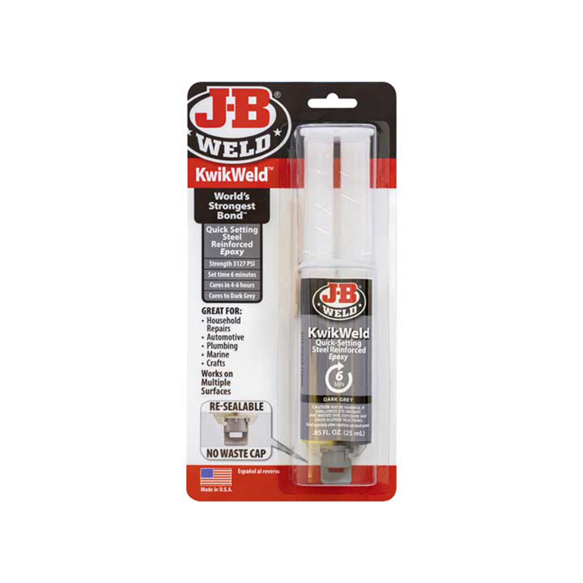 JB Weld KwikWeld Epoxy — 25ml Syringe, Fast-Setting, Dark Grey, 3127 PSI, Model# JBW50176
