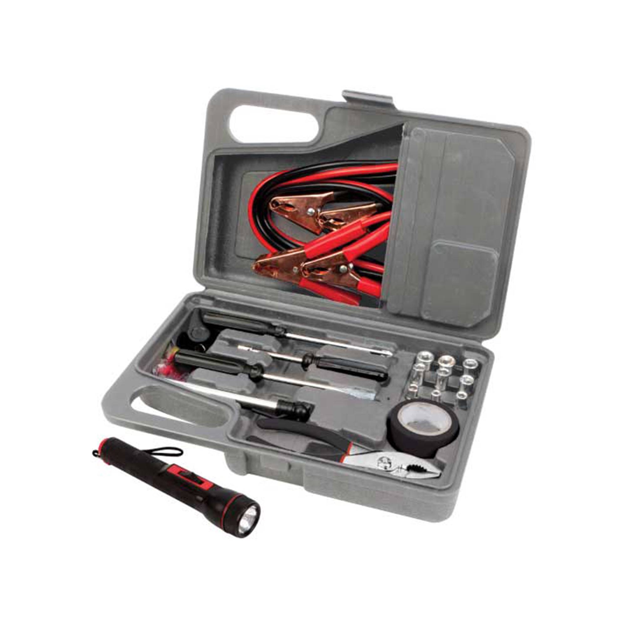 Performance Tool Roadside Safety Tool Kit — Jumper Cables, Pliers, Sockets, Flashlight, Emergency Tools, Portable Case, Model# PRTW1556