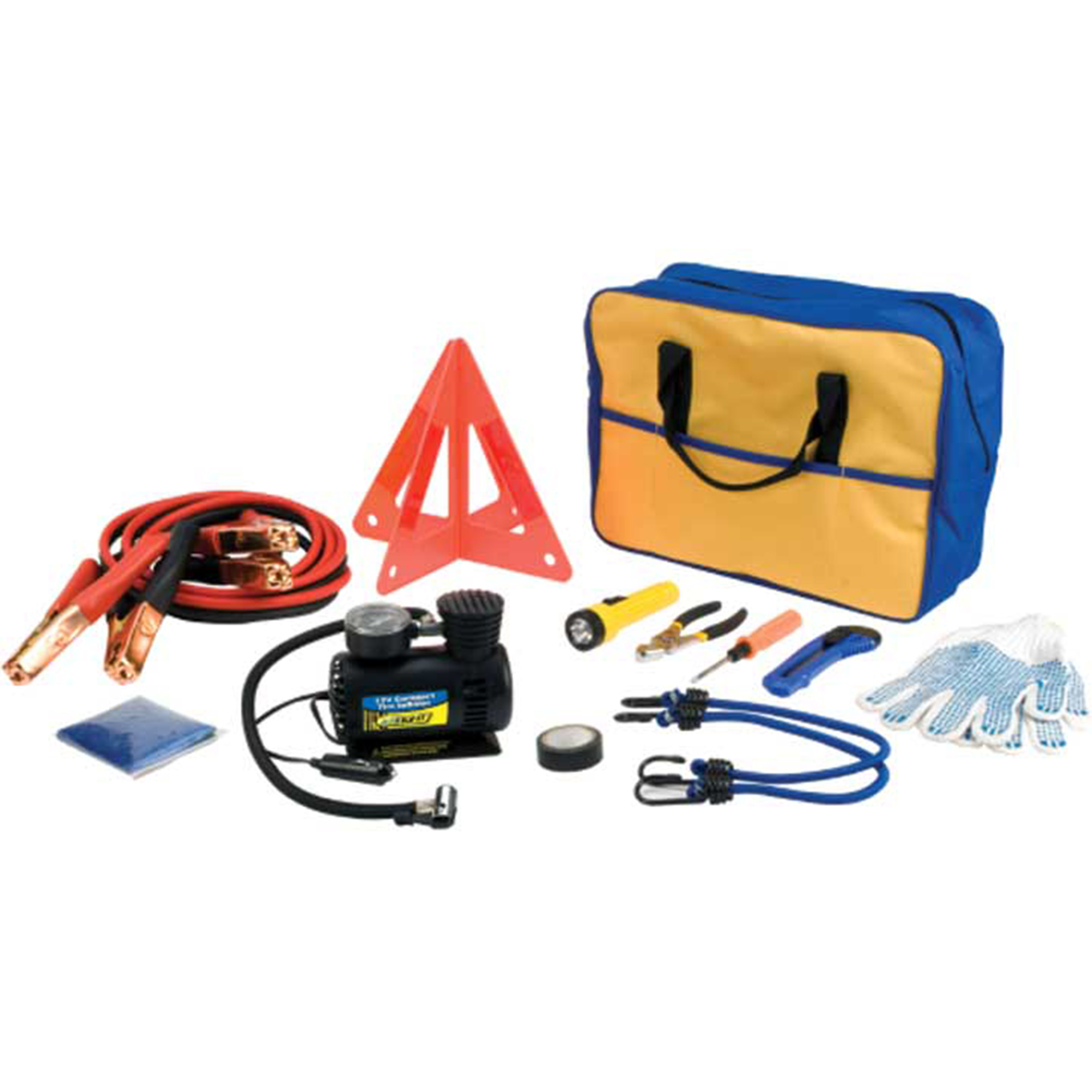 Performance Tool Premium Roadside Emergency Kit — Tire Inflator, Jumper Cables, Flashlight, Essential Tools, Zipper Case, Model# PRT60220