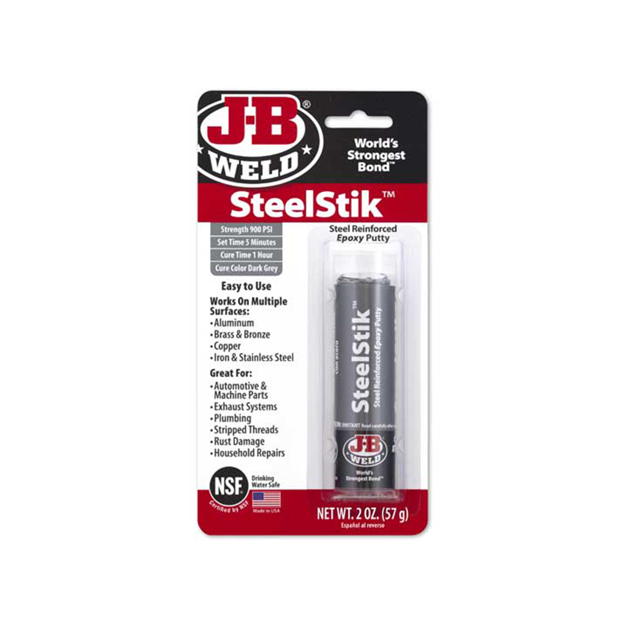 JB Weld SteelStik Epoxy Putty Stick — 2oz., Steel-Reinforced, Fast-Setting, 4000 PSI Tensile Strength, Model# JBW8267