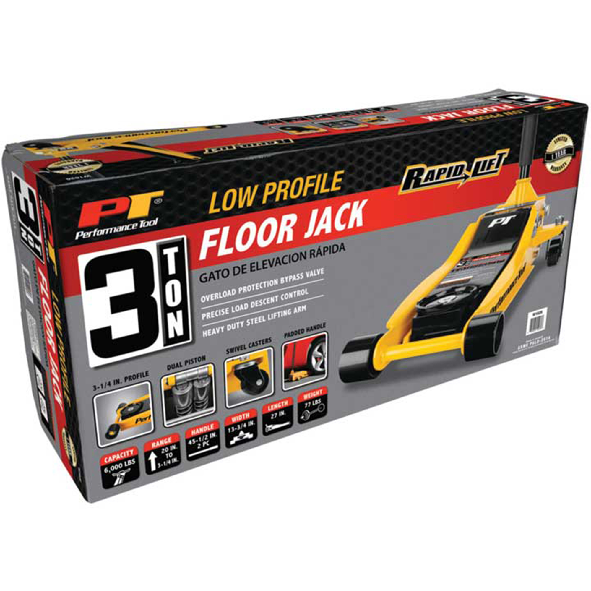 Performance Tool Rapid Lift Low Profile Floor Jack — 3 Ton, Dual Piston, 20in. Max Lift, 6,000 lb Capacity, Model# PRTW1626
