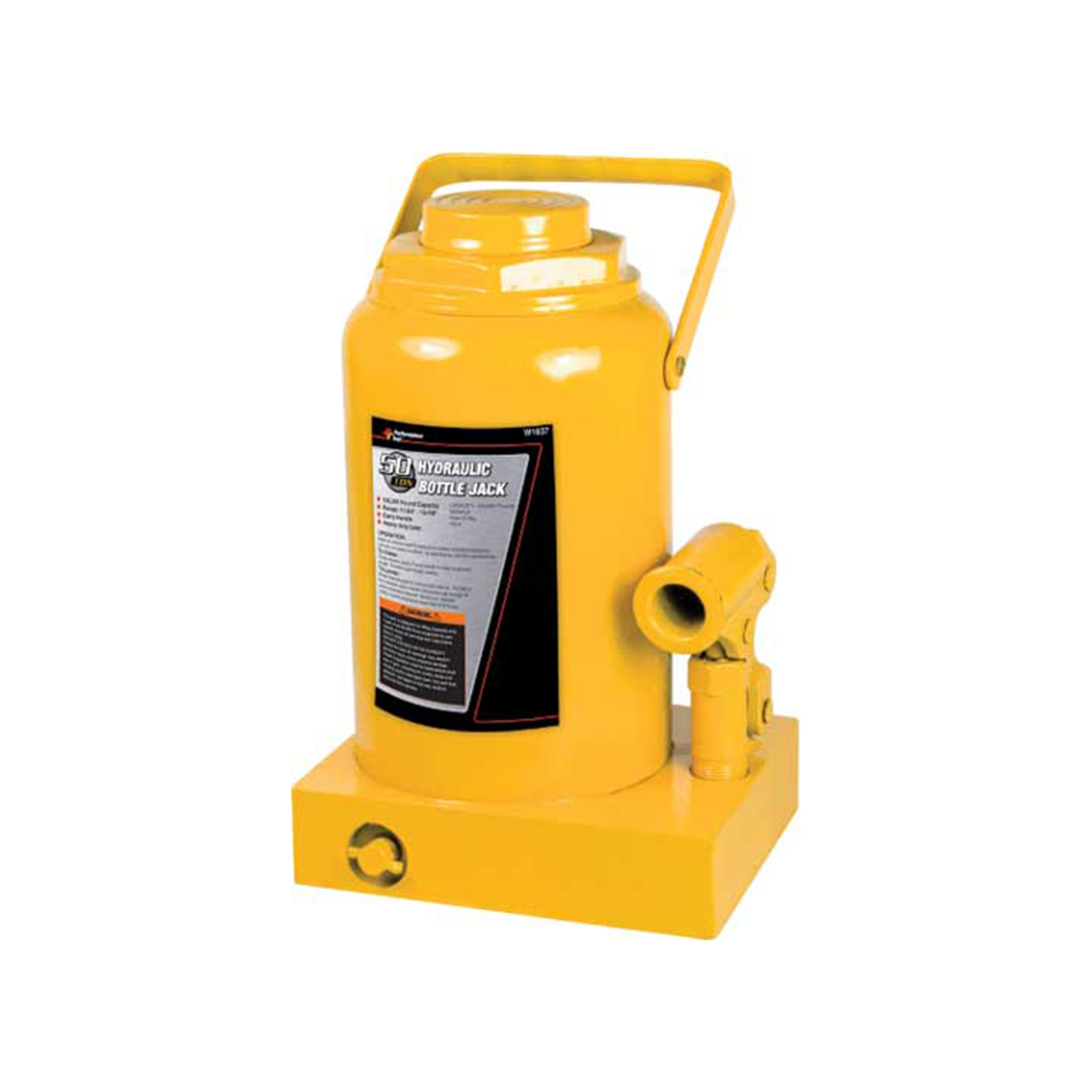 Performance Tool Heavy-Duty Bottle Jack — 50 Ton Capacity, Forged Steel Base, Grooved Lifting Saddle, Carry Handle, Model# PRTW1637