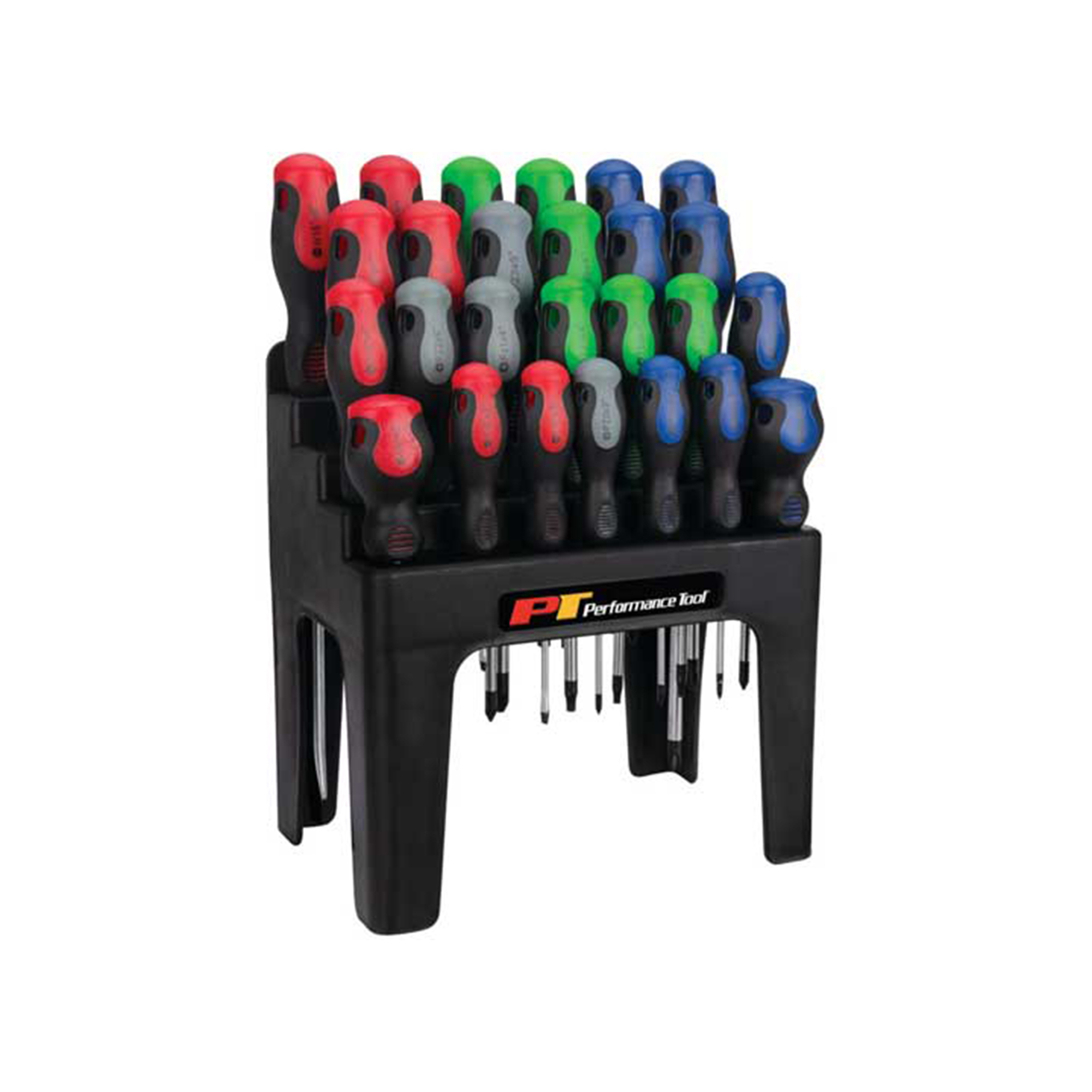Performance Tool Screwdriver Set — 26 Pcs, Chrome Vanadium Blades, Color-Coded Grips, Slotted, Phillips & Star Drivers, Freestanding Rack, Model# PRTW1738