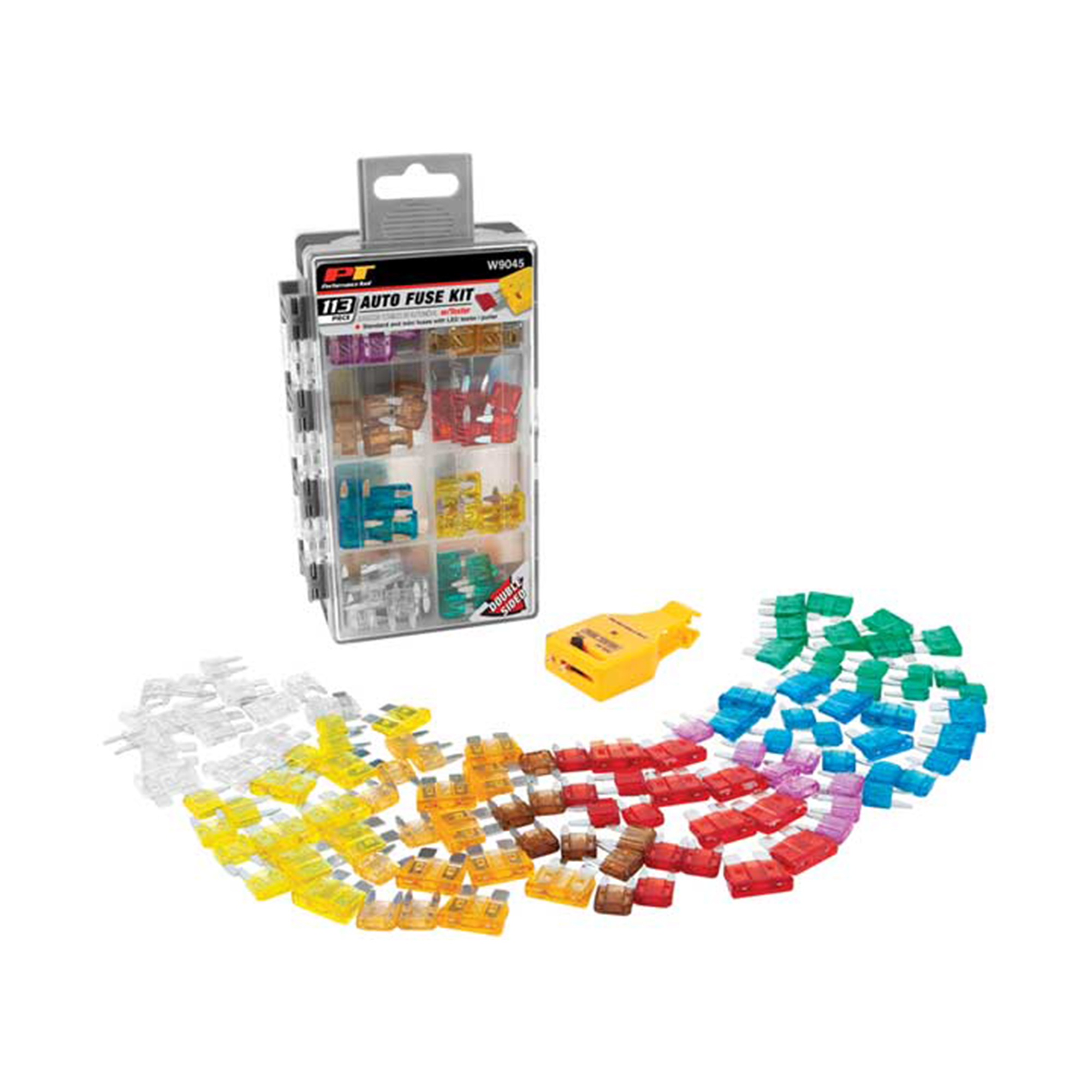 Performance Tool Auto Fuse Kit — 113 Pcs, Standard & Mini Fuses, LED Tester, Flip Case, Model# PRTW9045