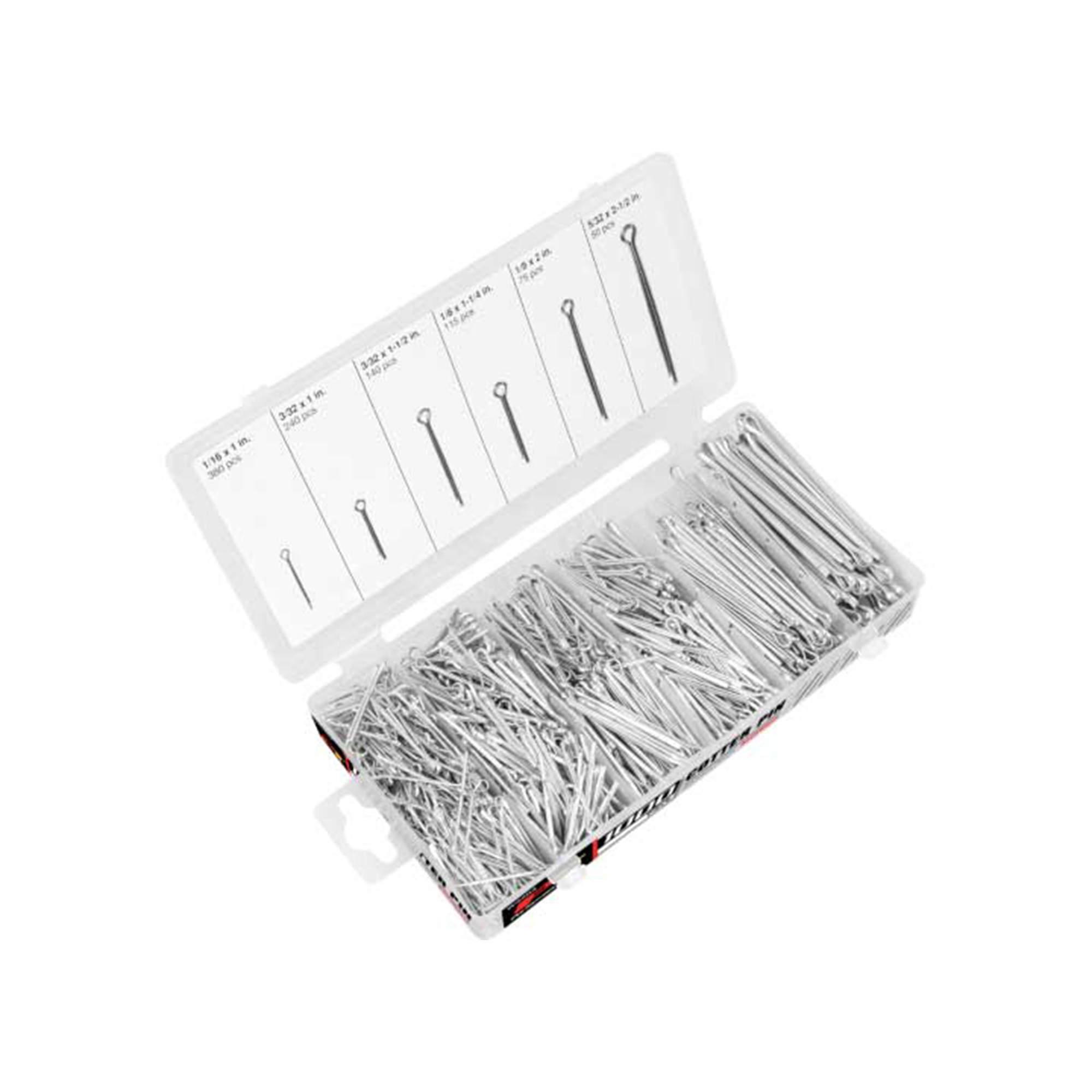 Performance Tool Cotter Pin Assortment — 1000 Pcs, Six Popular Sizes, Durable Steel, Re-Sealable Plastic Case, Model# PRTW5204