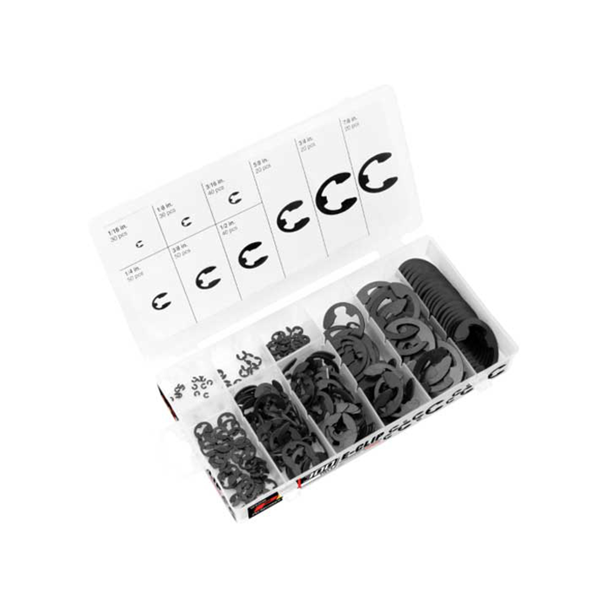 Performance Tool E-Clip Assortment — 300 Pcs, Nine Popular Sizes, Resealable Case, Model# PRTW5208