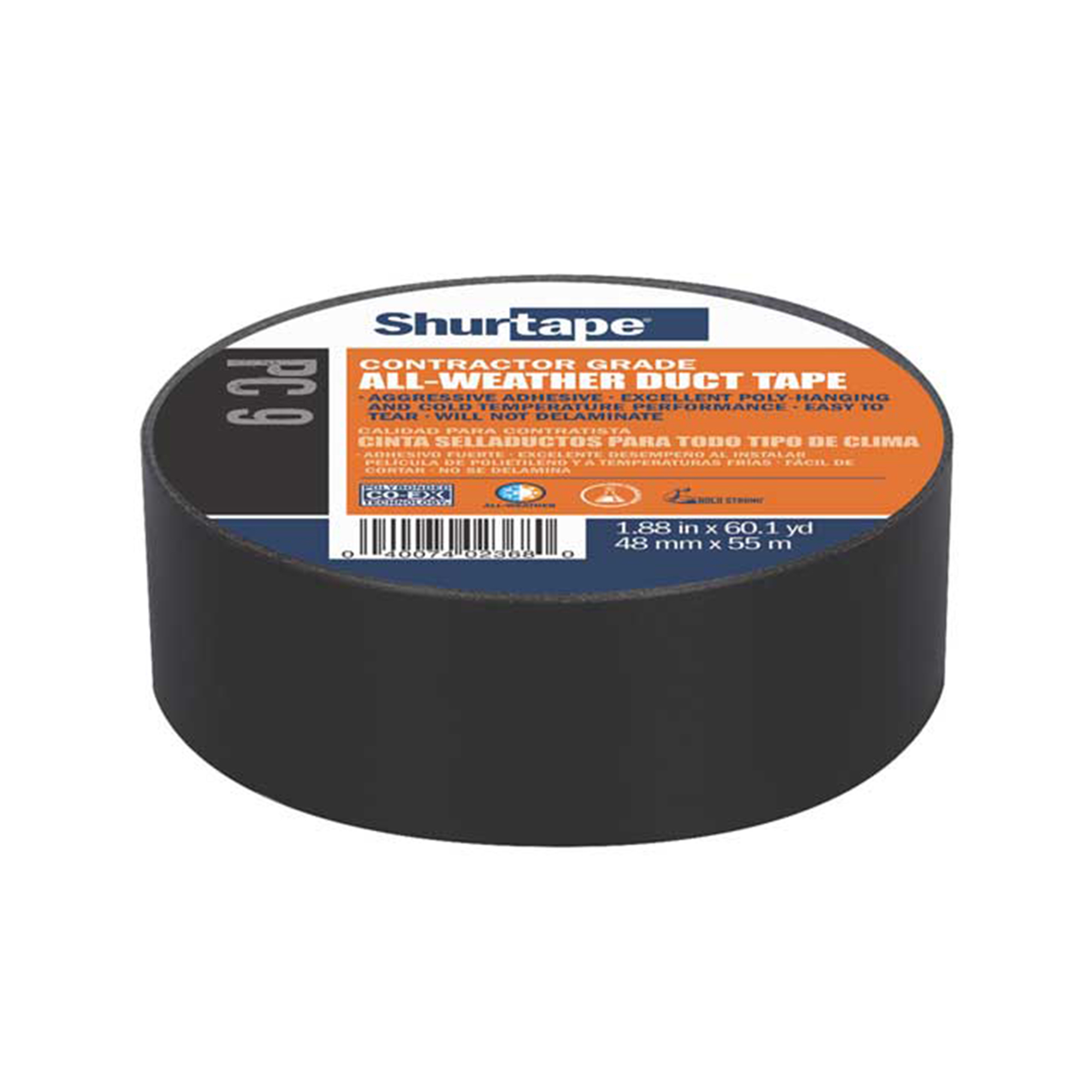 Shurtape Duck Pro Contractor Grade Duct Tape — 48mm x 55m, 9.0 mil, Black, Co-Extruded, Model# SHT105462