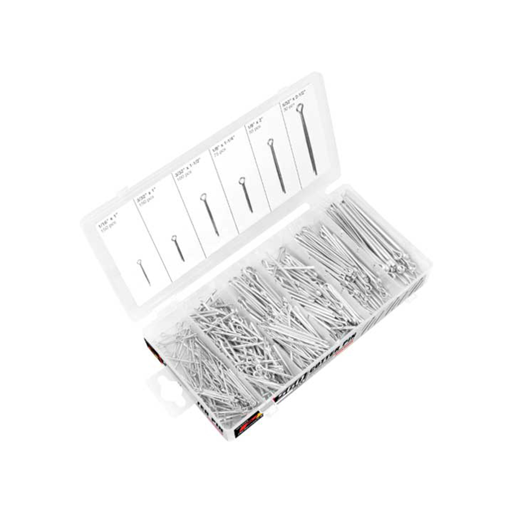 Performance Tool Cotter Pin Assortment — 560 Pcs, Six Popular Sizes, Durable Steel, Re-Sealable Plastic Case, Model# PRTW5205