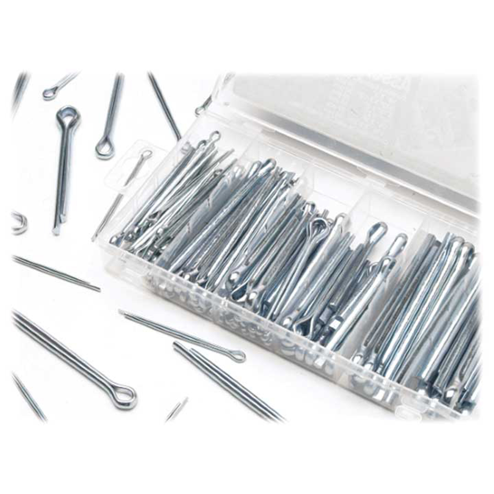 Performance Tool Cotter Pin Assortment — 150 Pcs, Six Popular Sizes, Durable Steel, Re-Sealable Plastic Case, Model# PRTW5206
