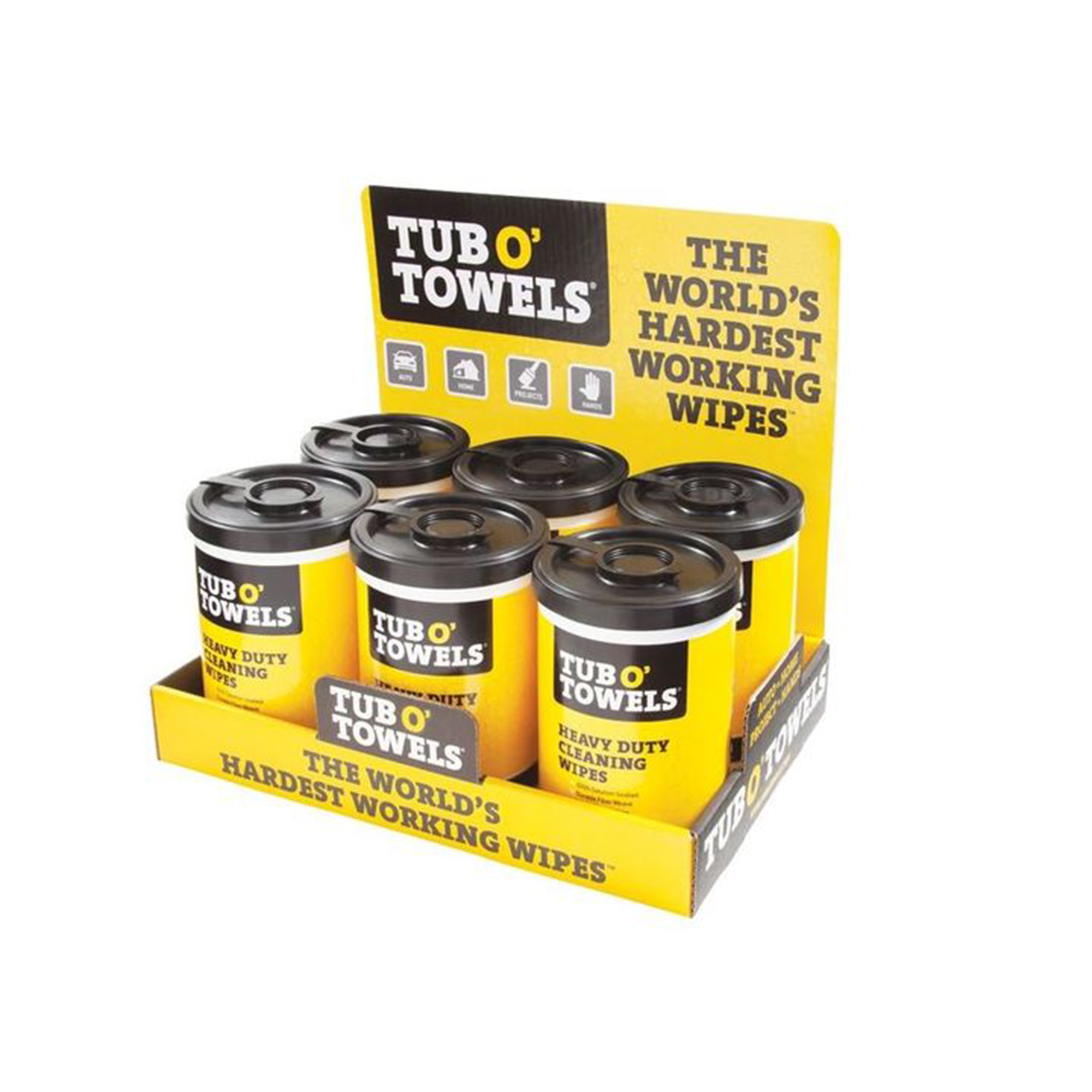 Tub O' Towels Heavy-Duty Cleaning Wipes Counter Display — 90-Count Canisters, 6 Pcs, Industrial Strength, Citrus Scent, Model# TUBTW90-CD