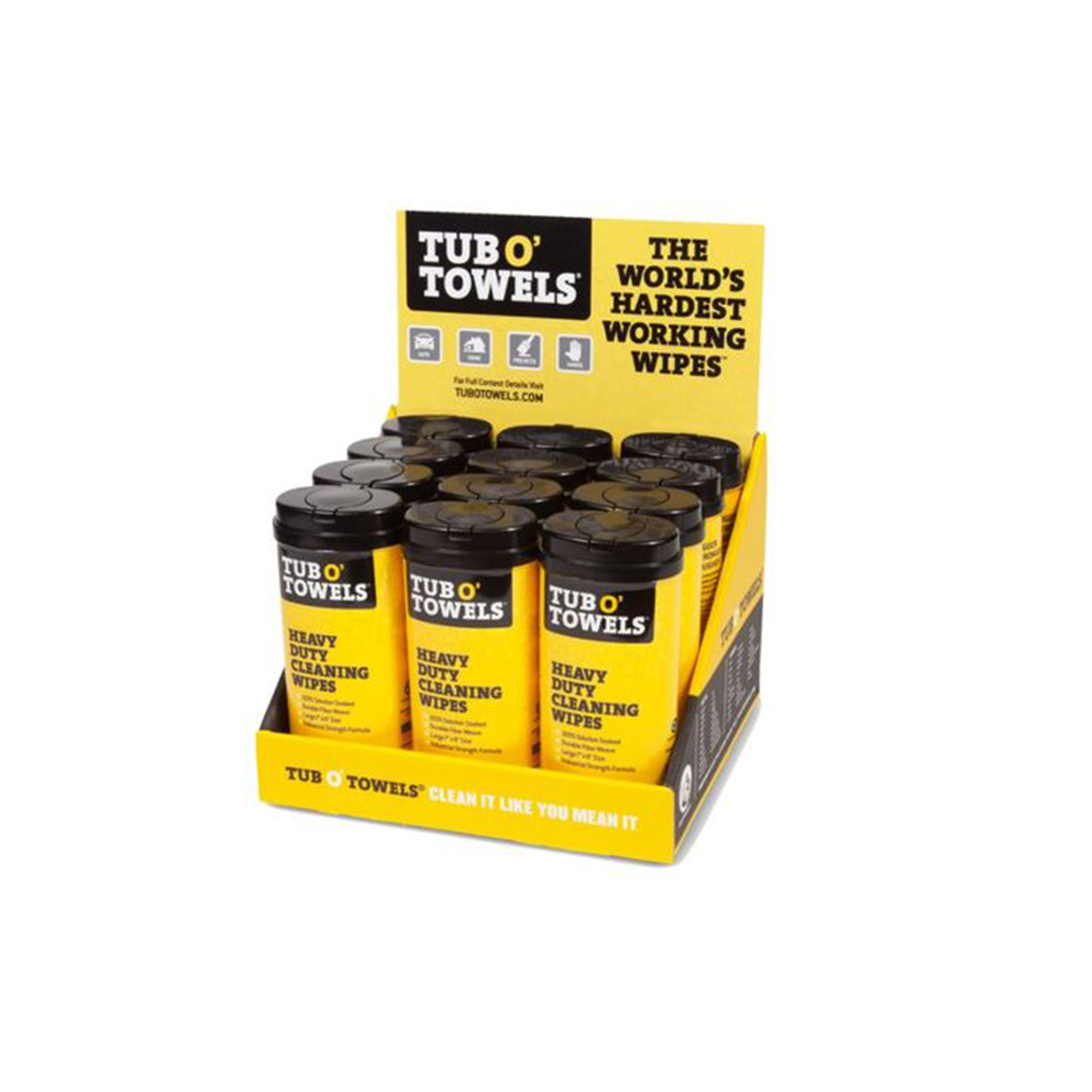 Tub O' Towels Heavy Duty Cleaning Wipes Counter Display — 12 Canisters, 40-Count Each, Multi-Surface, Citrus Scent, Model# TUBTW40-CD