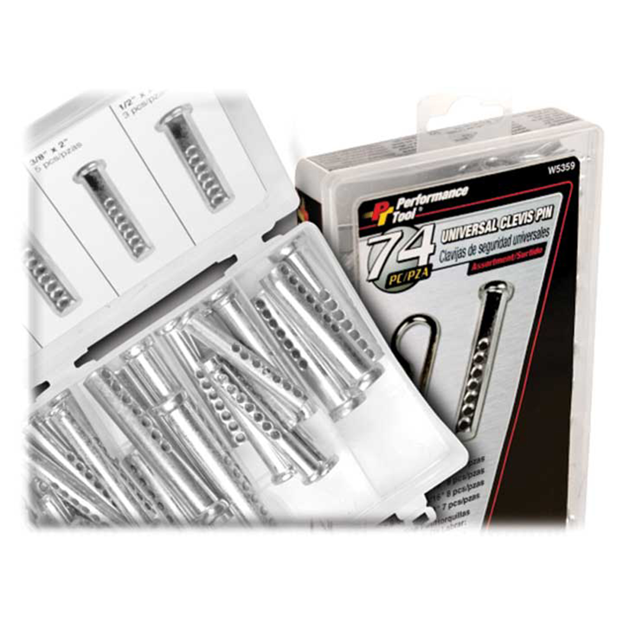 Performance Tool Universal Clevis Pin Assortment — 74 Pcs, Popular Sizes, Re-Sealable Case, Model# PRTW5359