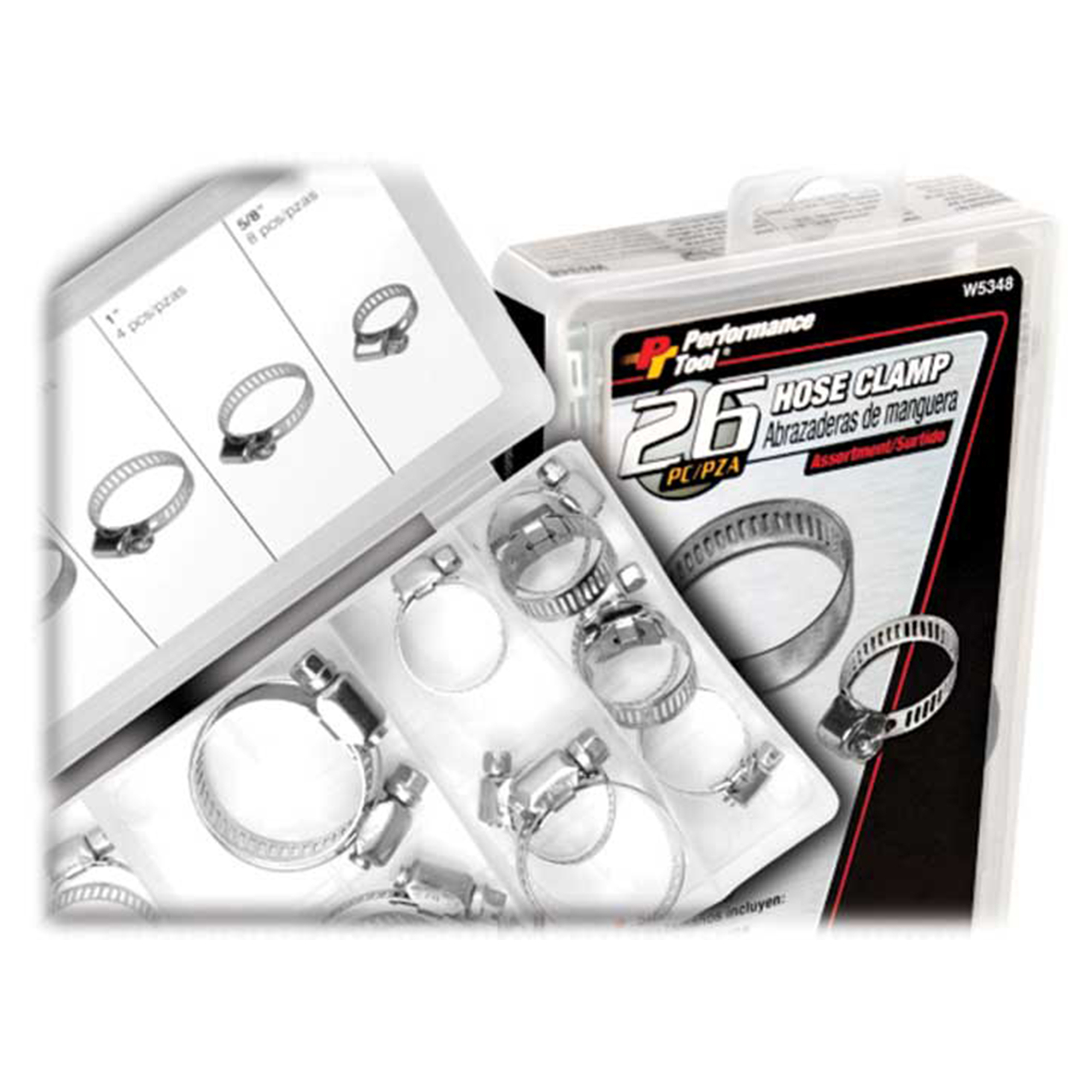 Performance Tool Hose Clamp Assortment — 26 Pcs, Durable Steel, Six Sizes, Re-Sealable Case, Model# PRTW5348