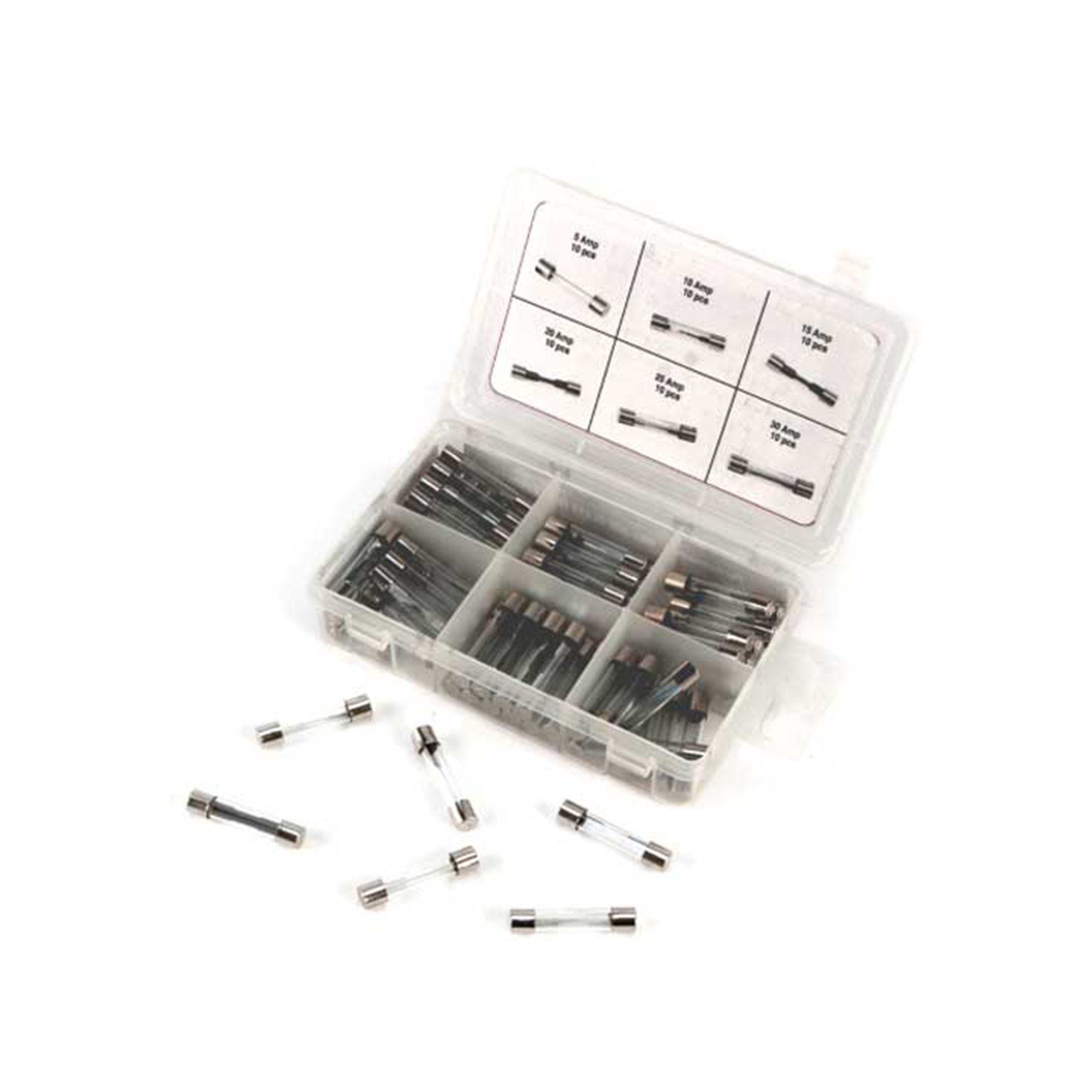 Performance Tool AGC Glass Fuse Assortment — 60 Pcs, 5A to 30A, Reliable Electrical Protection, Model# PRTW5375