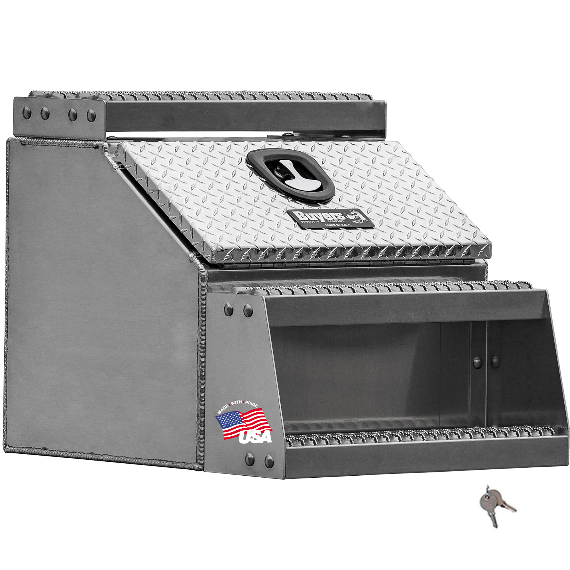 Buyers Products, 24in. Wide Saddle Side Step Semi Truck Tool Job Storage Box, Width 24 in, Material Aluminum, Color Finish Smooth Silver, Model# 1705182