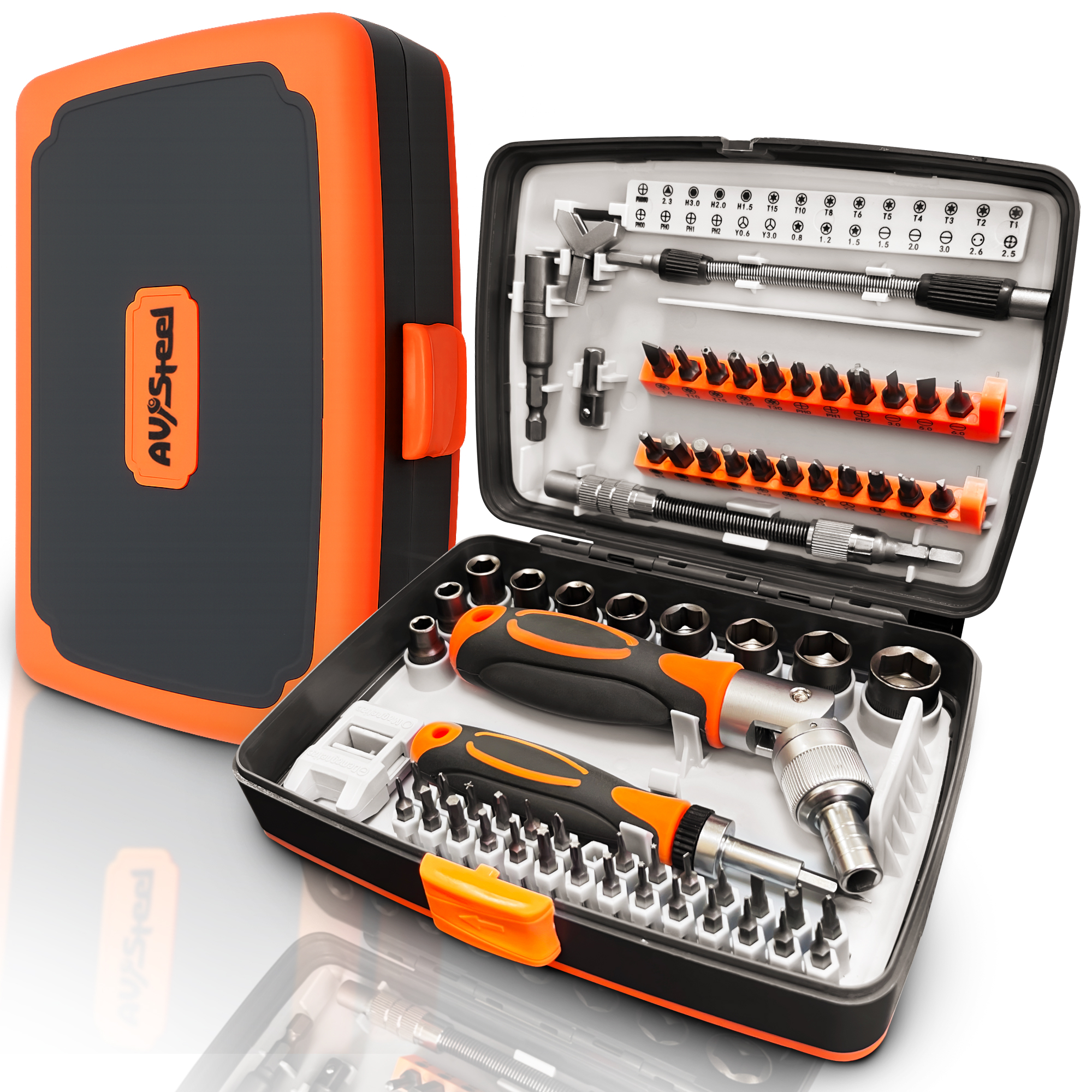 AV Steel Ratcheting Screwdriver Set — 68-in-1, Magnetic, CRV 6150 Steel, Portable Storage Case, Model# AV-170200